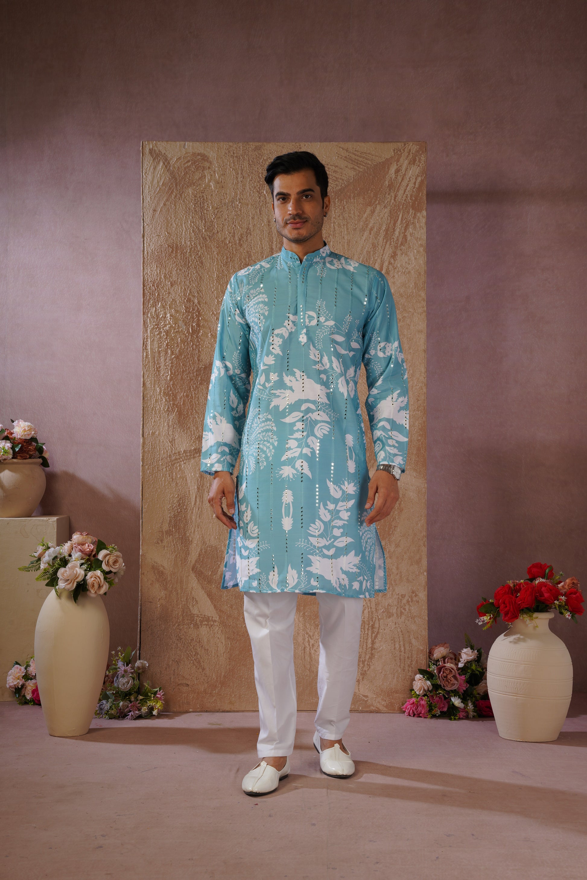 Aqua Luxe Mirror Work Printed Kurta Set for Men