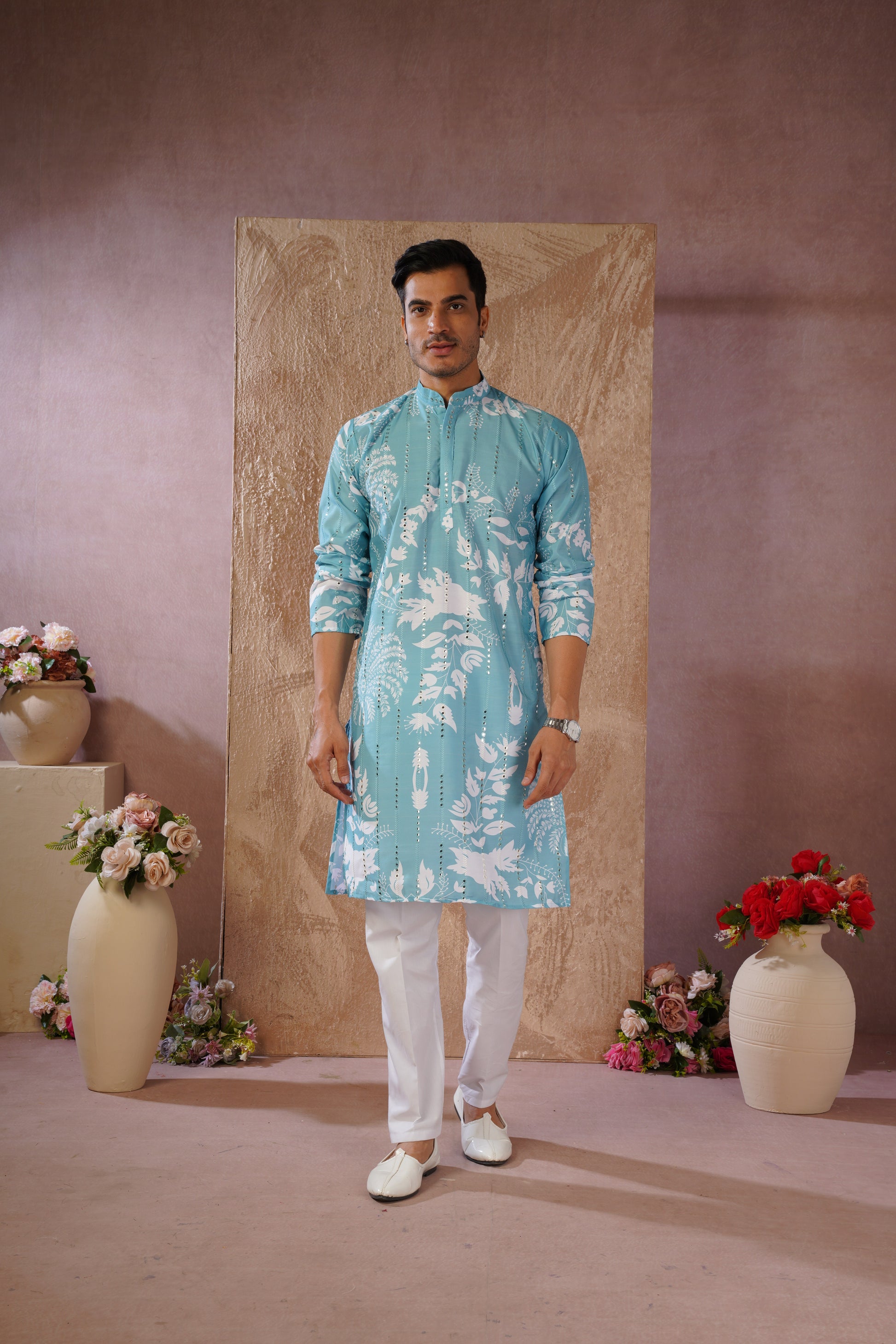 Aqua Luxe Mirror Work Printed Kurta Set for Men