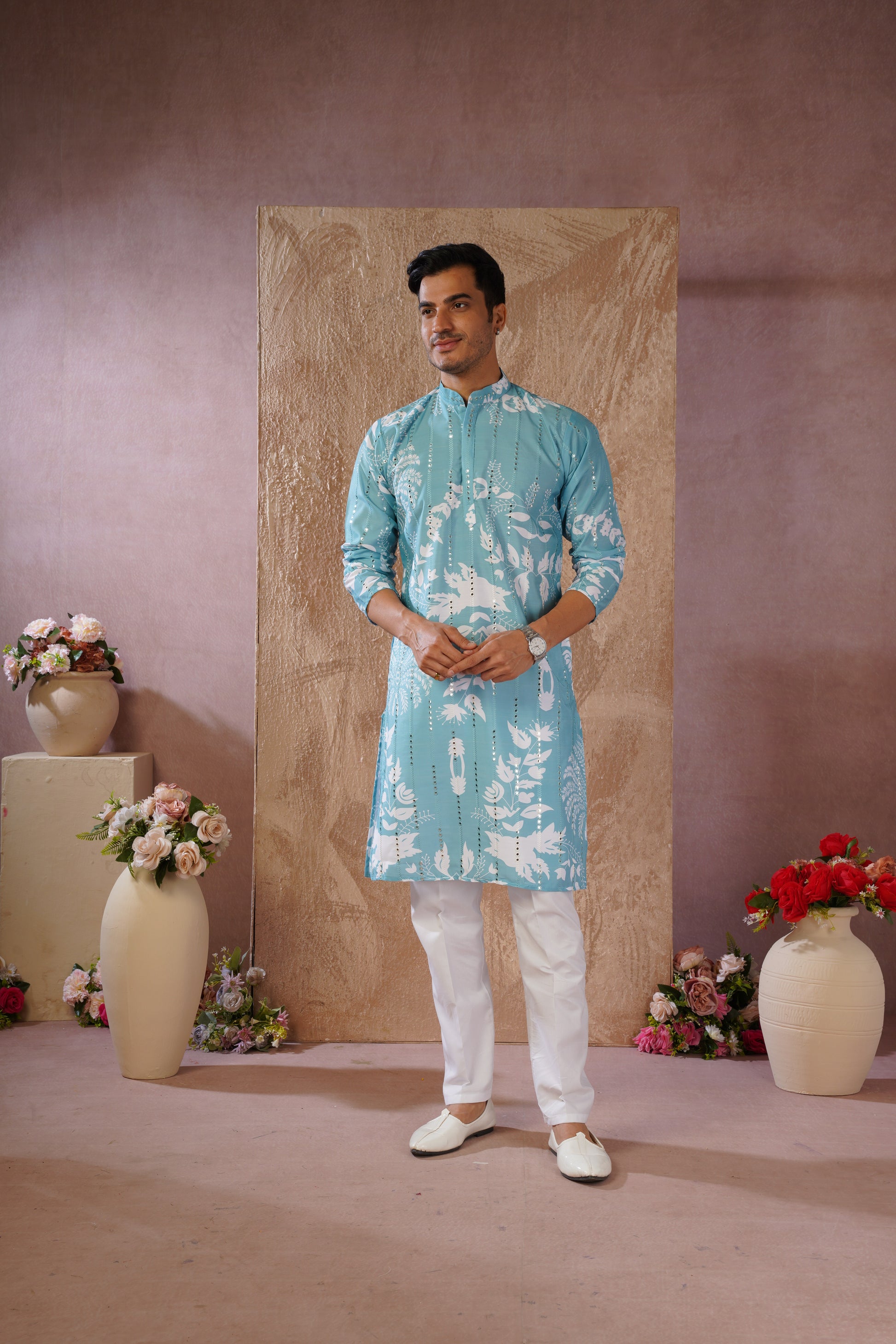 Aqua Luxe Mirror Work Printed Kurta Set for Men