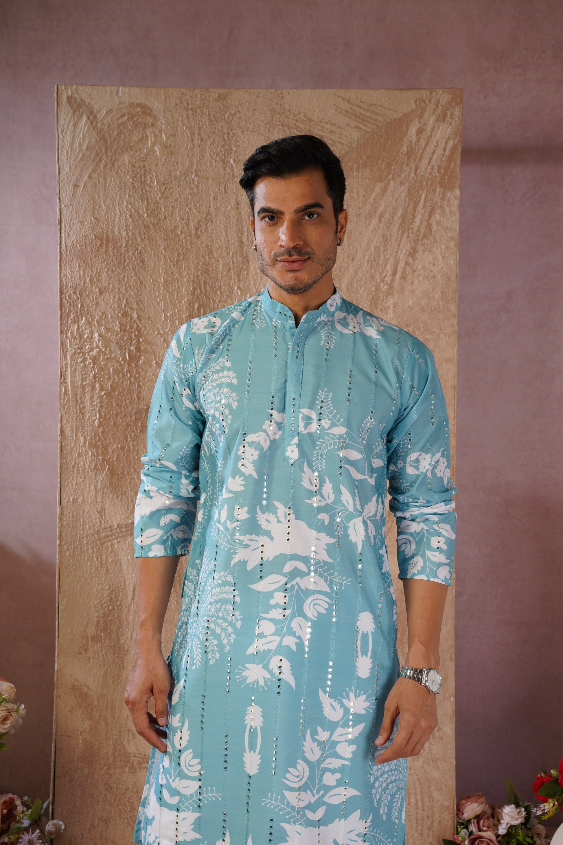 Aqua Luxe Mirror Work Printed Kurta Set for Men