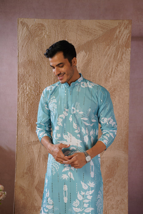 Aqua Luxe Mirror Work Printed Kurta Set for Men