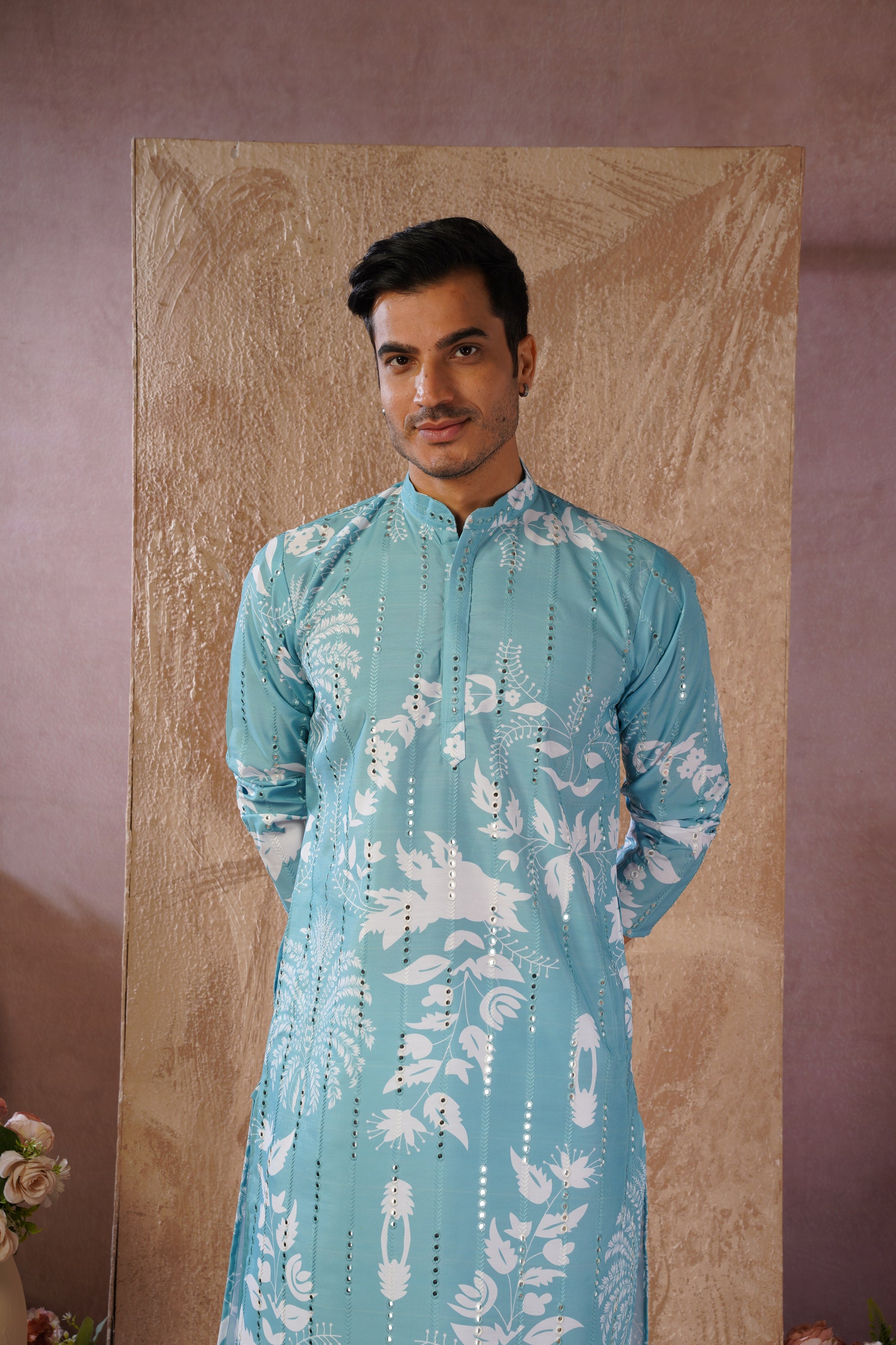 Aqua Luxe Mirror Work Printed Kurta Set for Men