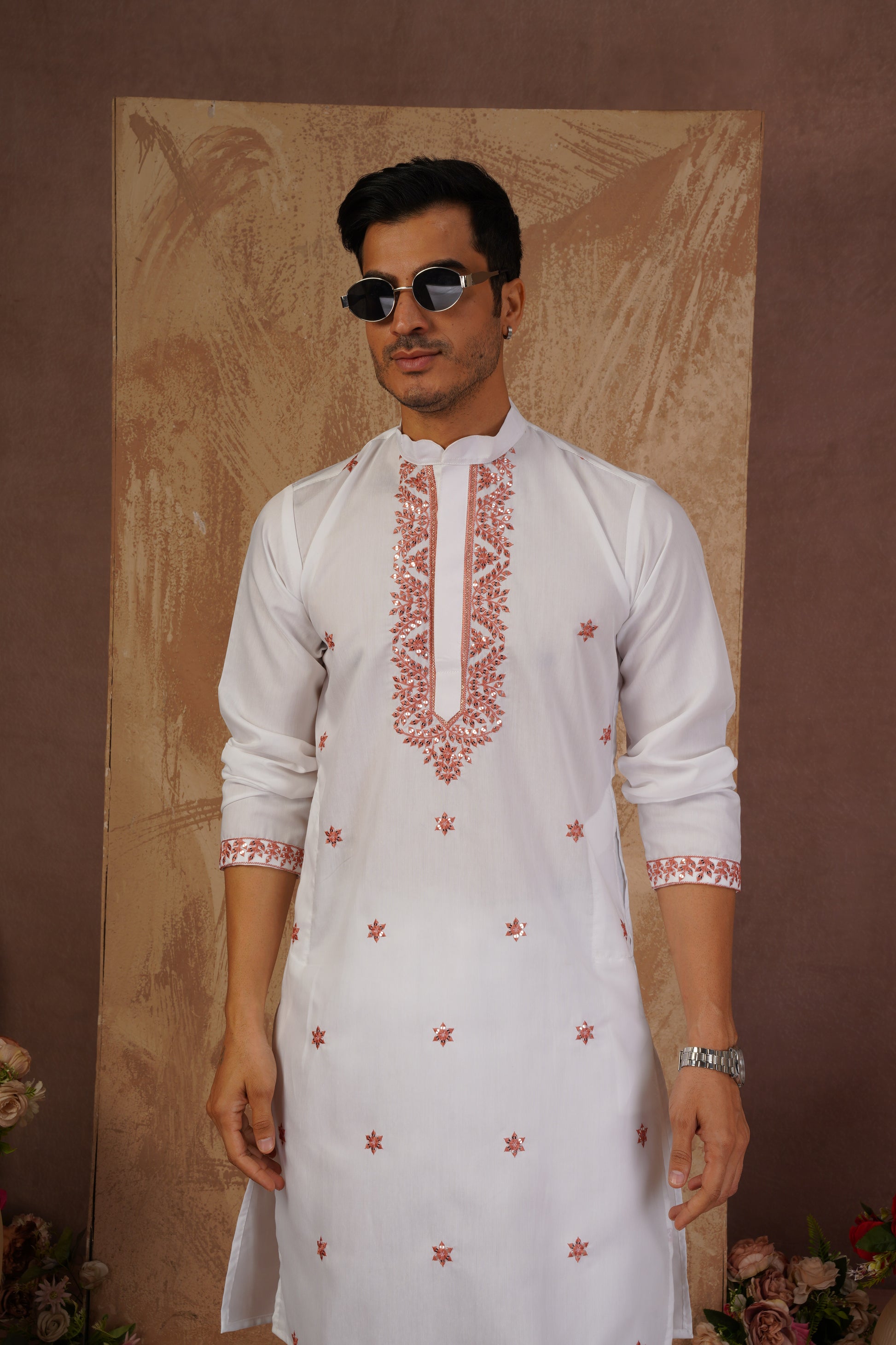 Orange Sequin Motif Neckwork Embroidery Kurta Set