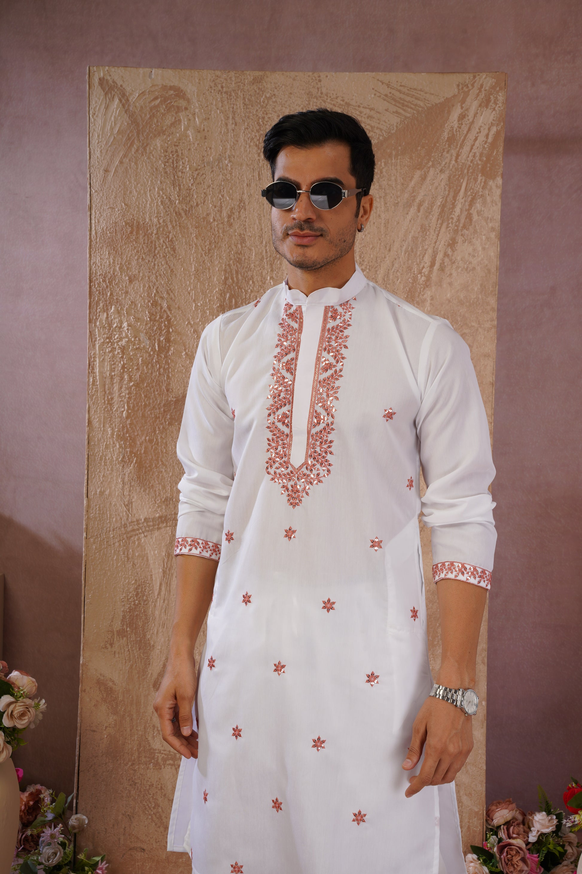 Orange Sequin Motif Neckwork Embroidery Kurta Set