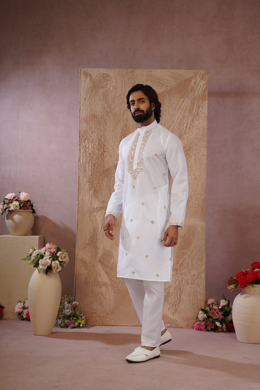Latte Sequin Motif Neckwork Embroidery Kurta Set