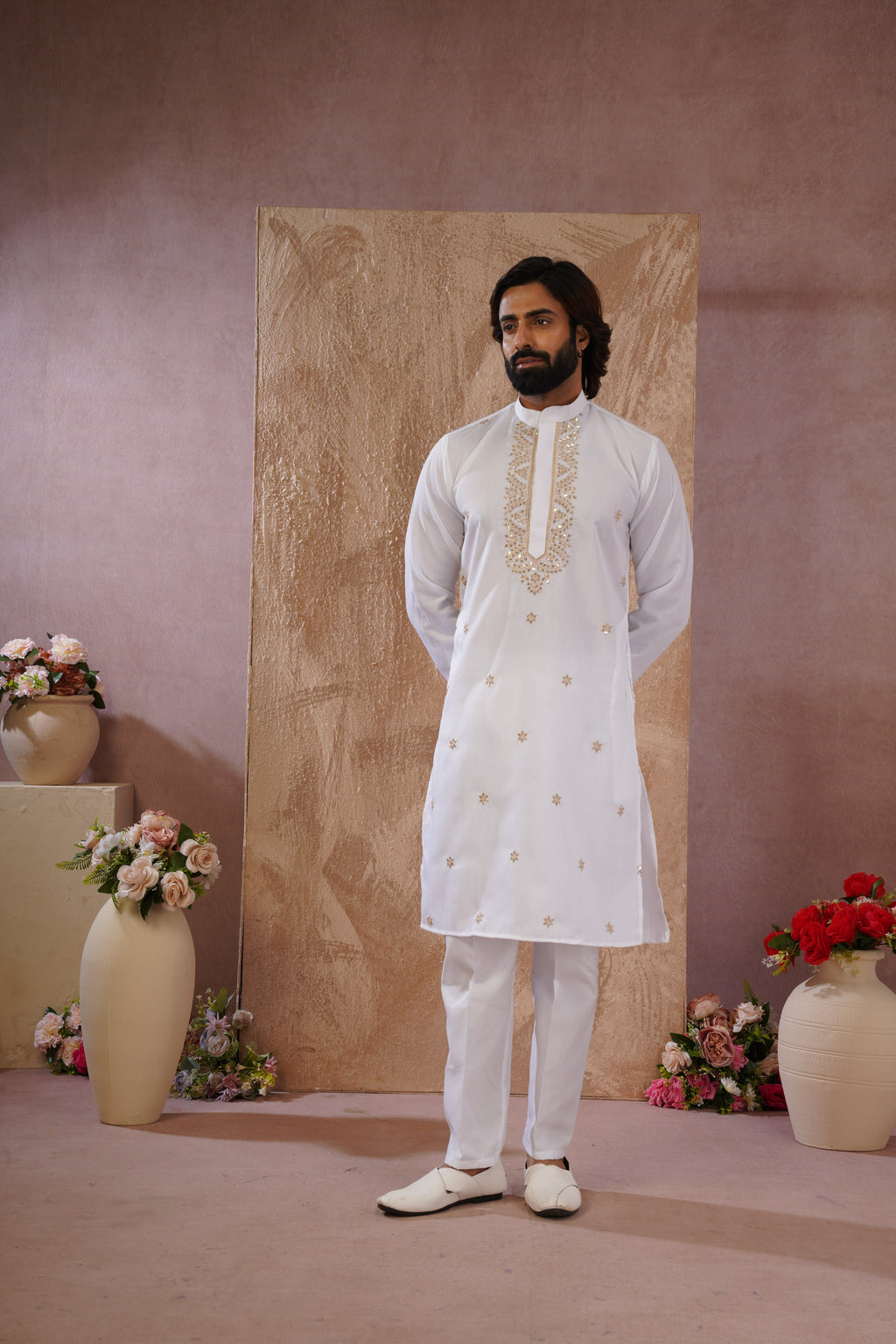 Latte Sequin Motif Neckwork Embroidery Kurta Set
