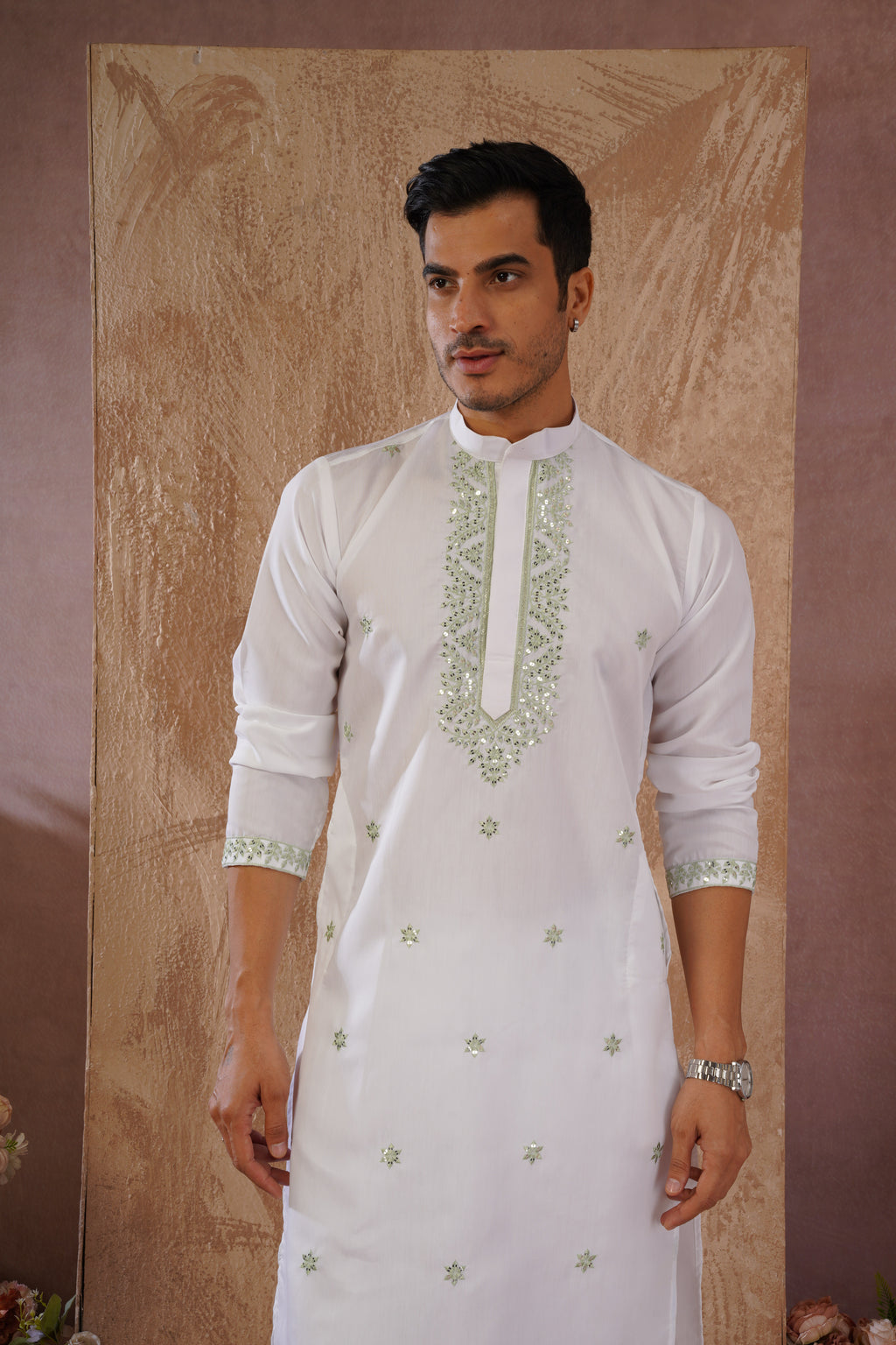 Green Sequin Motif Neckwork Embroidery Kurta Set