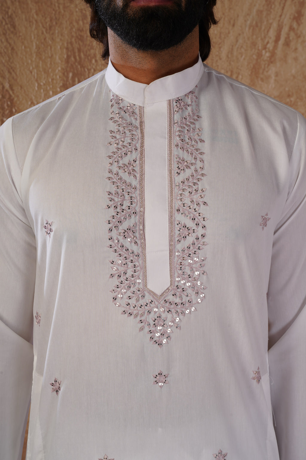 Pink Sequin Motif Neckwork Embroidery Kurta Set