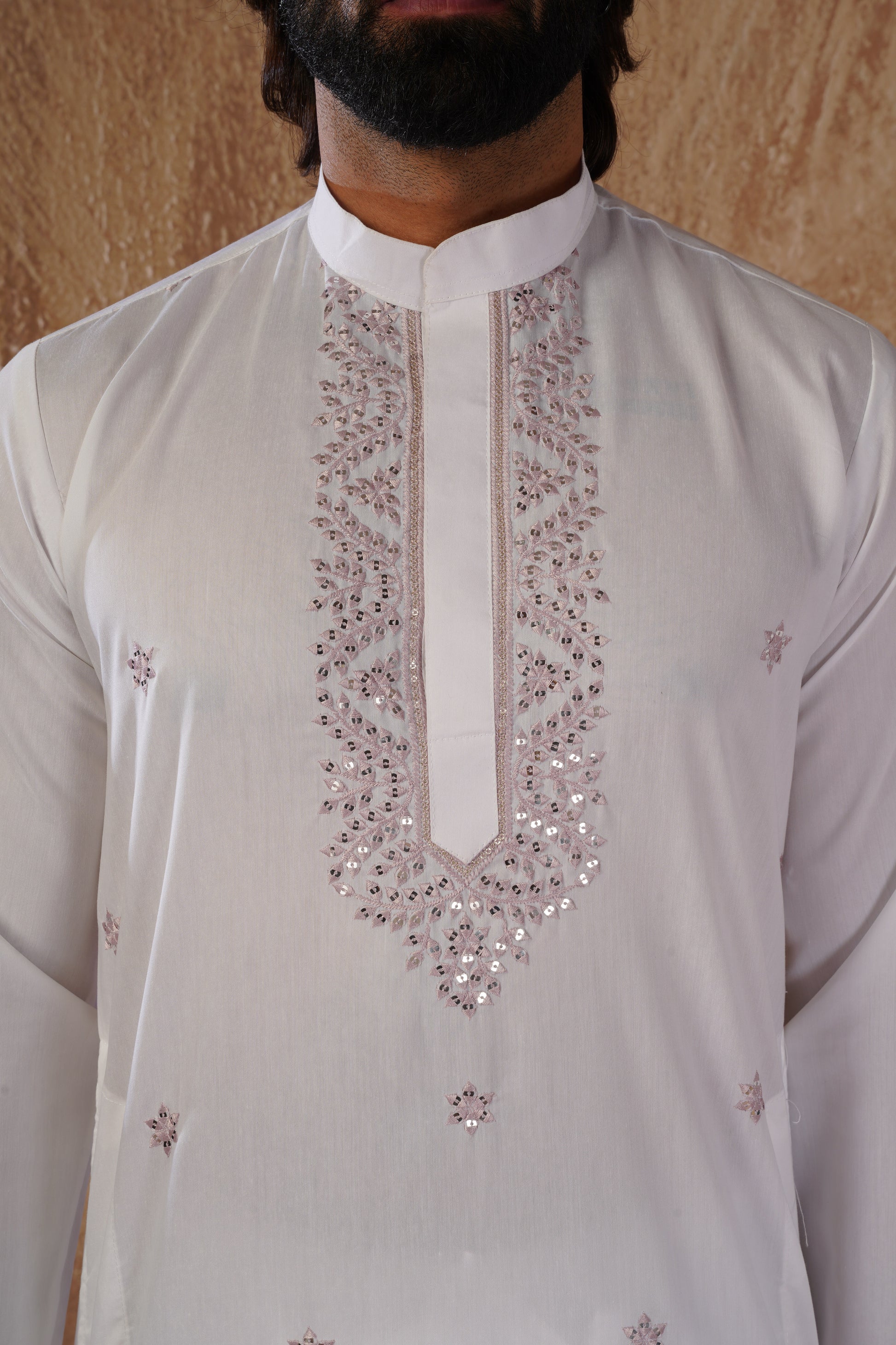 Pink Sequin Motif Neckwork Embroidery Kurta Set