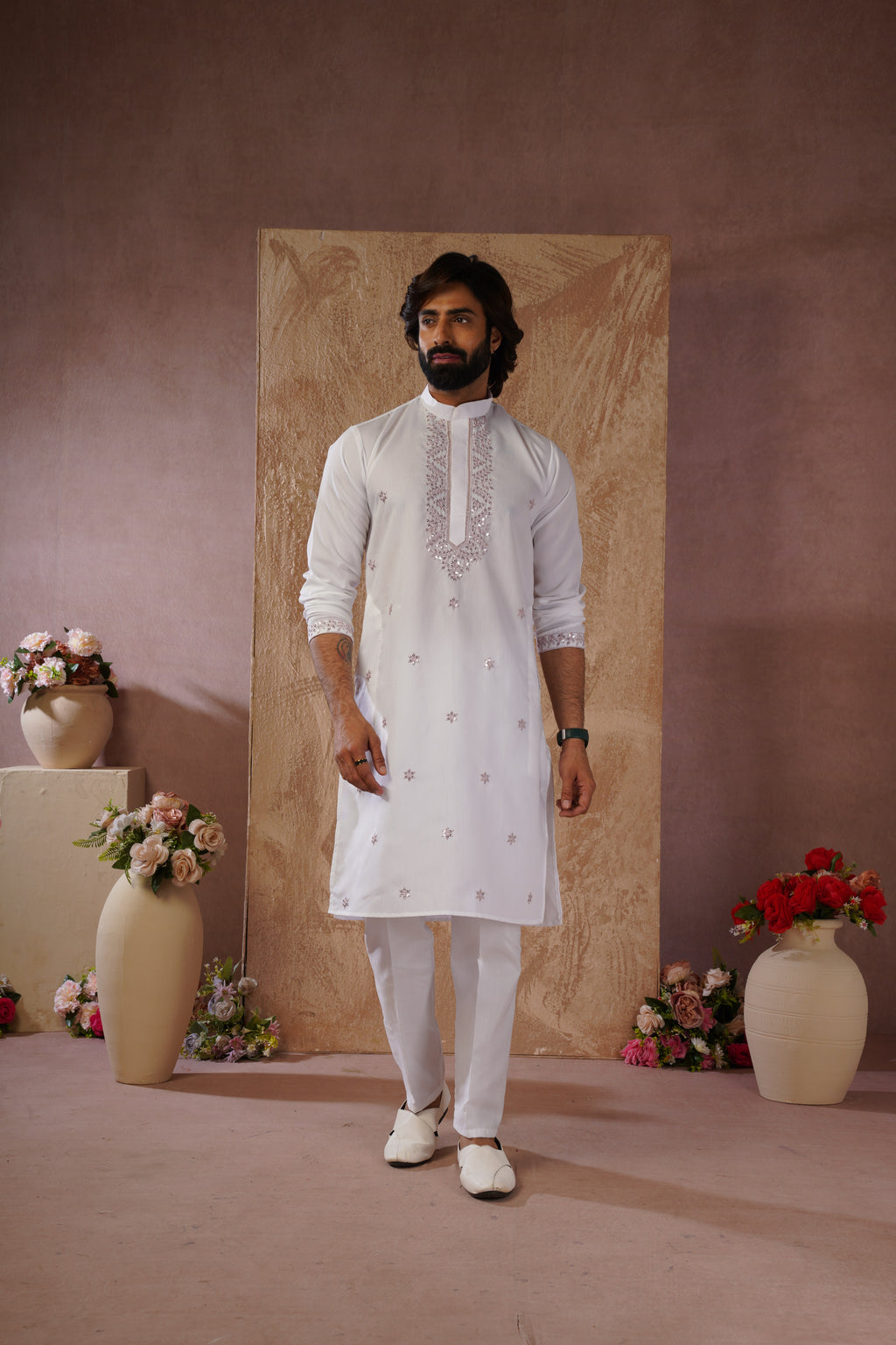Pink Sequin Motif Neckwork Embroidery Kurta Set
