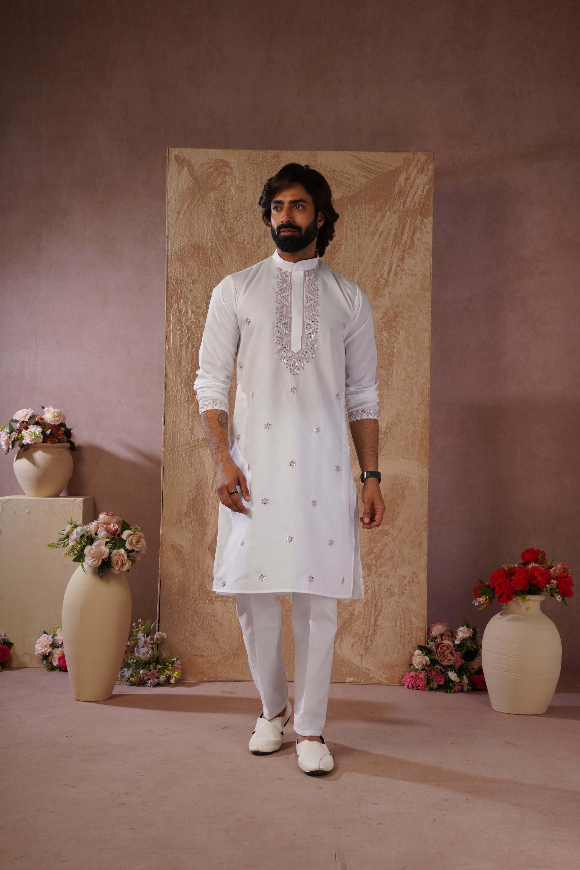 Pink Sequin Motif Neckwork Embroidery Kurta Set