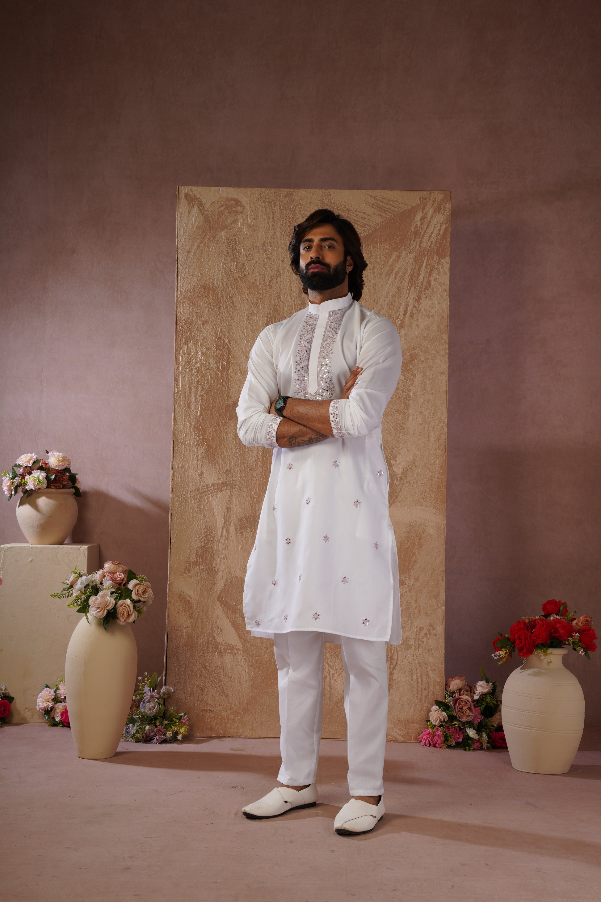 Pink Sequin Motif Neckwork Embroidery Kurta Set