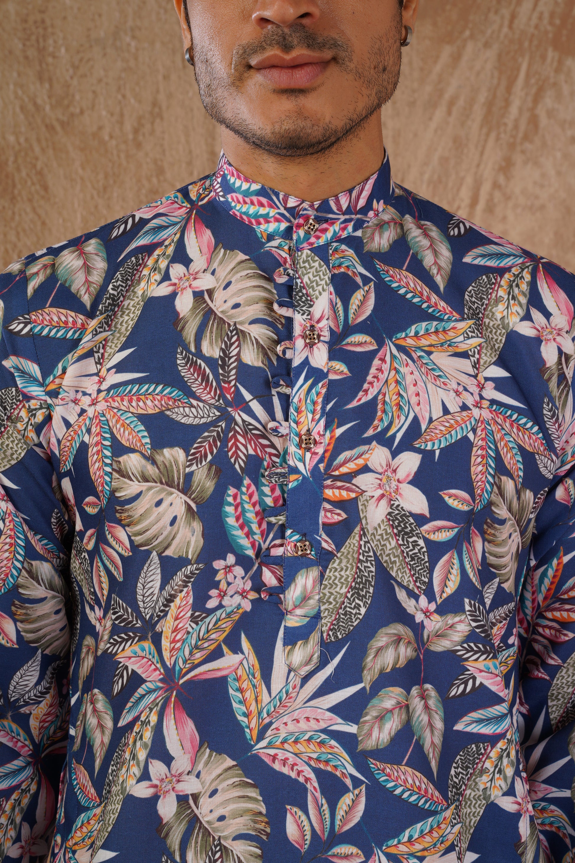Tropical Printed Blue Kurta Set for Men