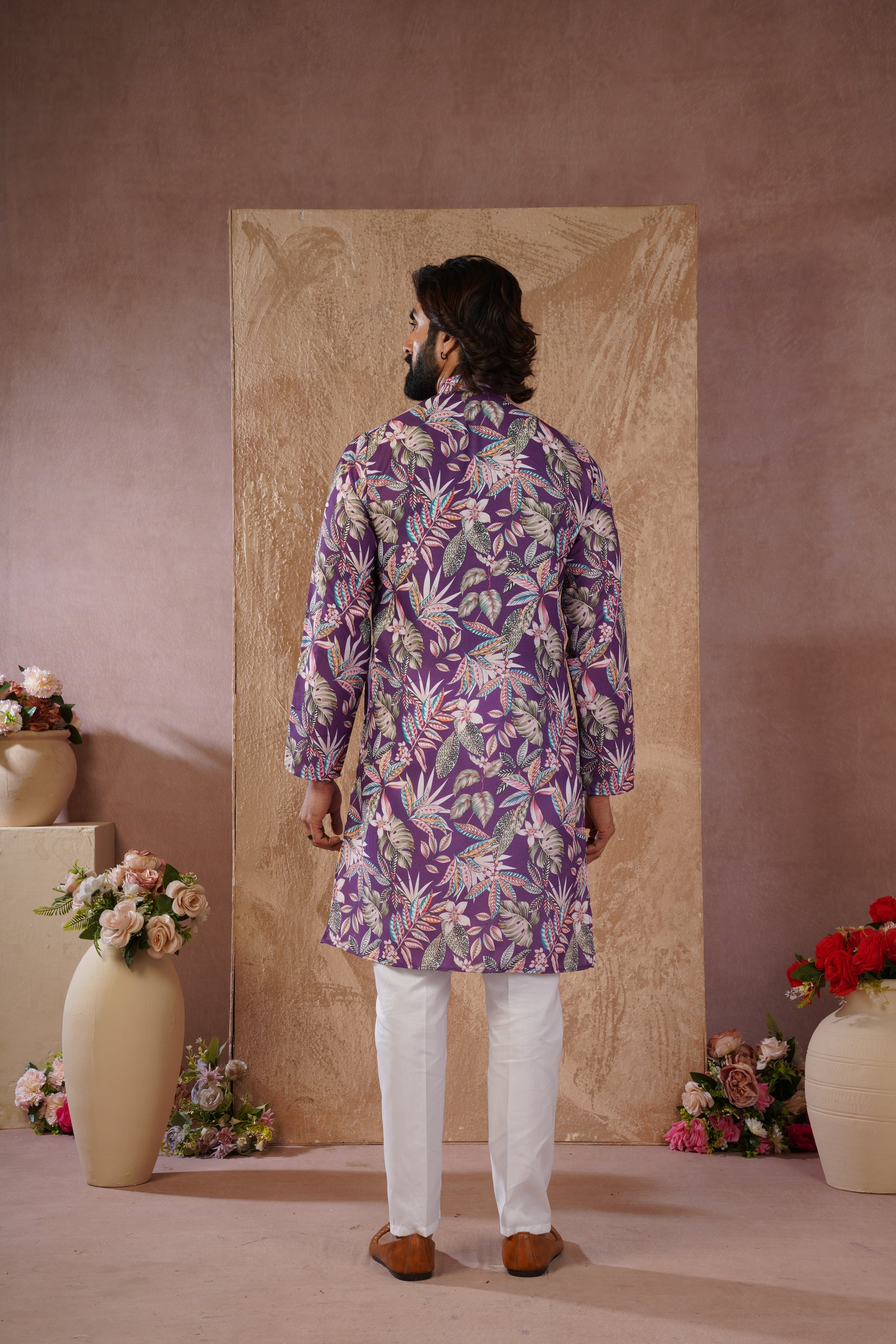 Tropical Printed Purple Kurta Set for Men
