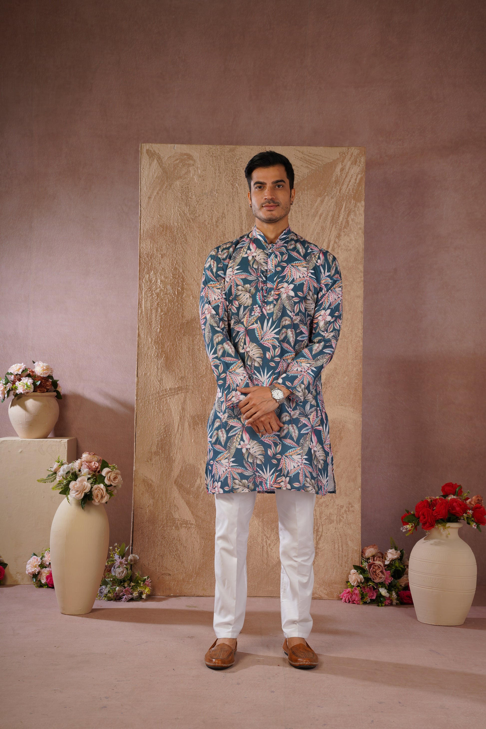 Tropical Printed Green Kurta Set for Men