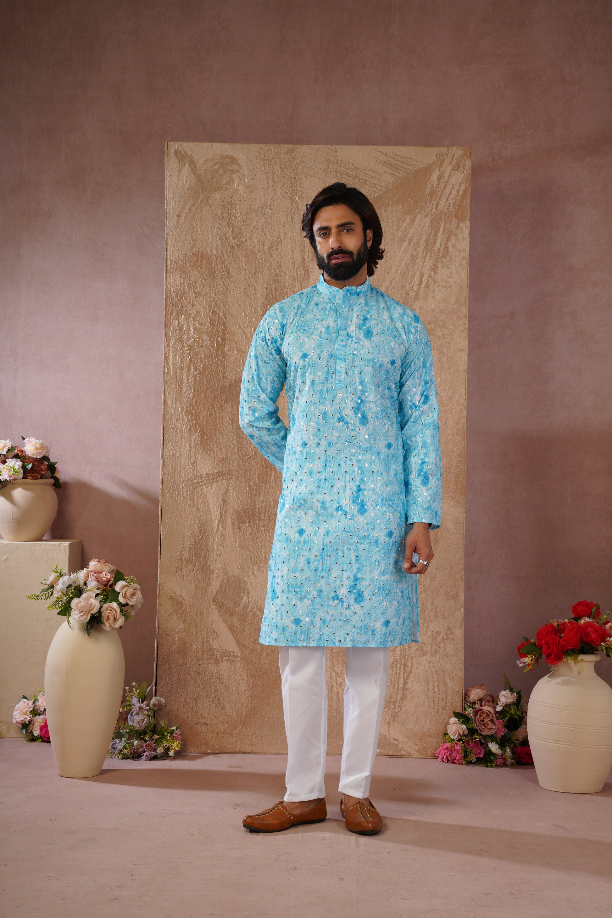 Classic Blue tie-dye kurta set with sequin glow