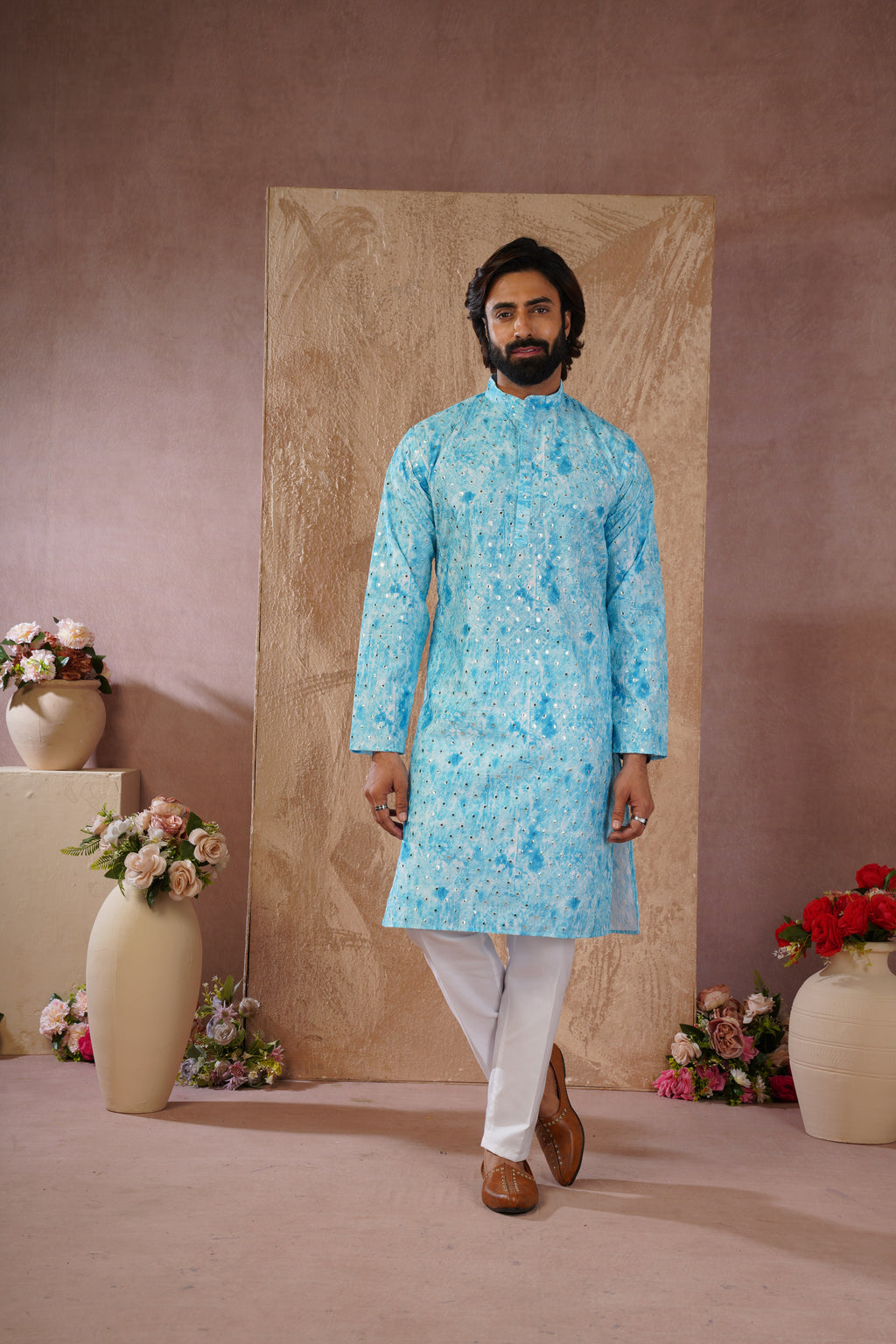 Classic Blue tie-dye kurta set with sequin glow