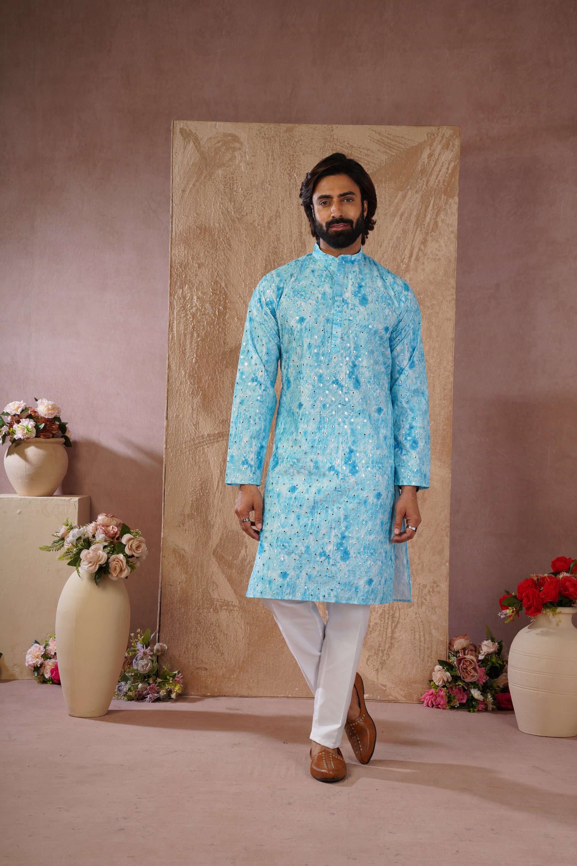 Classic Blue tie-dye kurta set with sequin glow