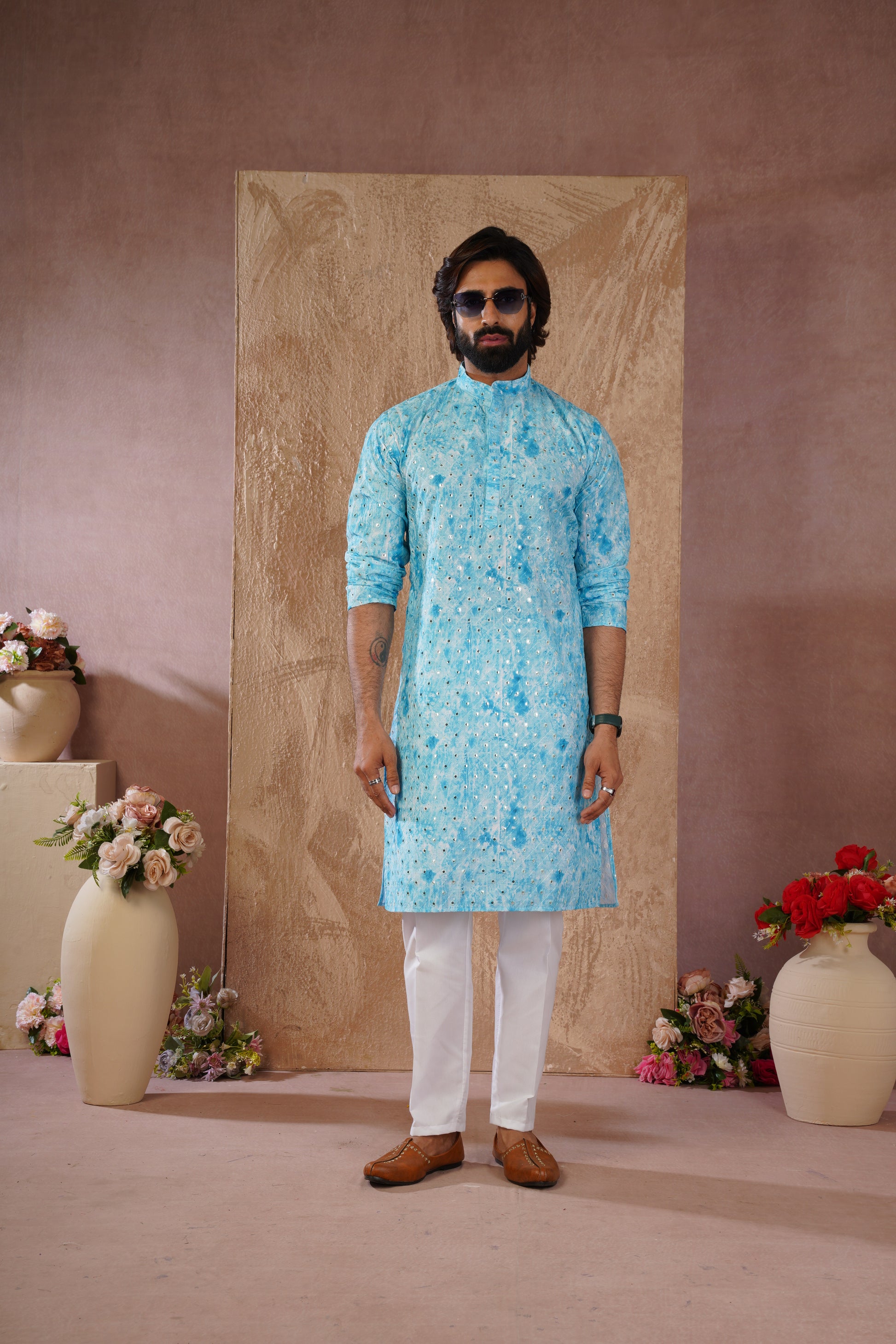 Classic Blue tie-dye kurta set with sequin glow