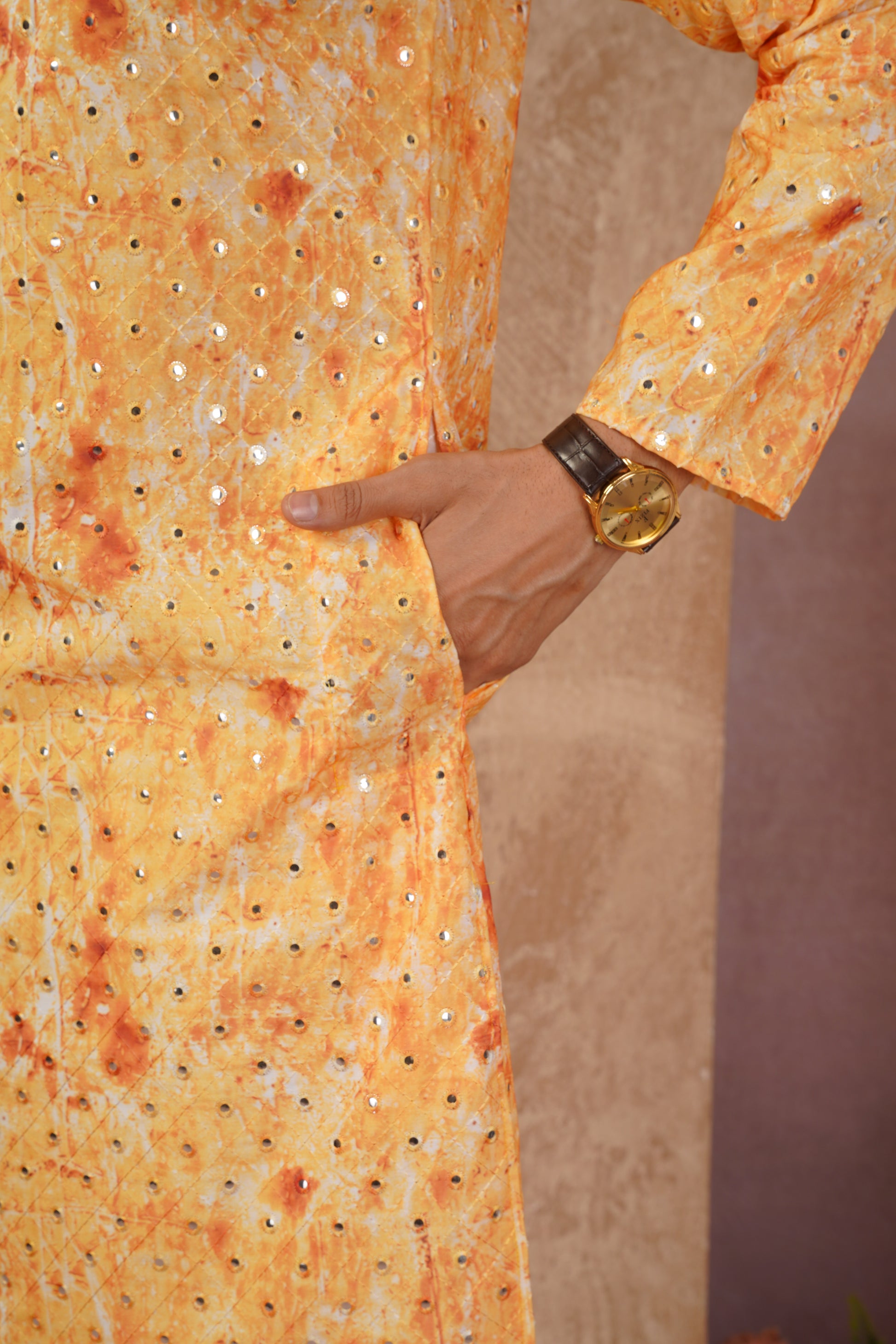 Classic Yellow tie-dye kurta set with sequin glow