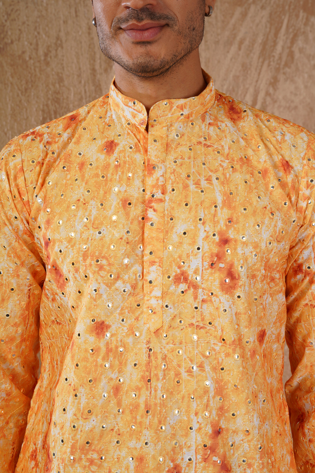 Classic Yellow tie-dye kurta set with sequin glow
