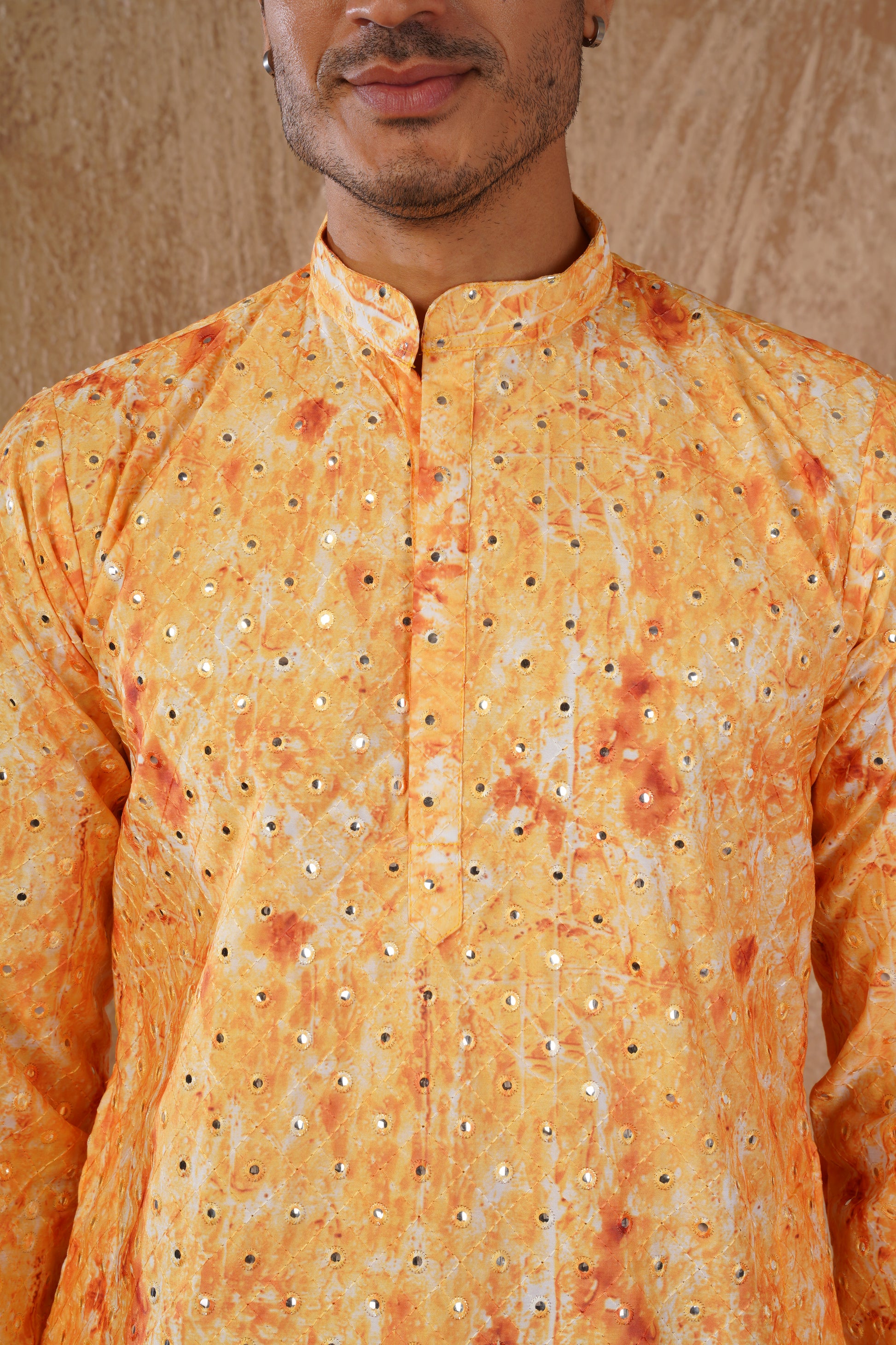 Classic Yellow tie-dye kurta set with sequin glow