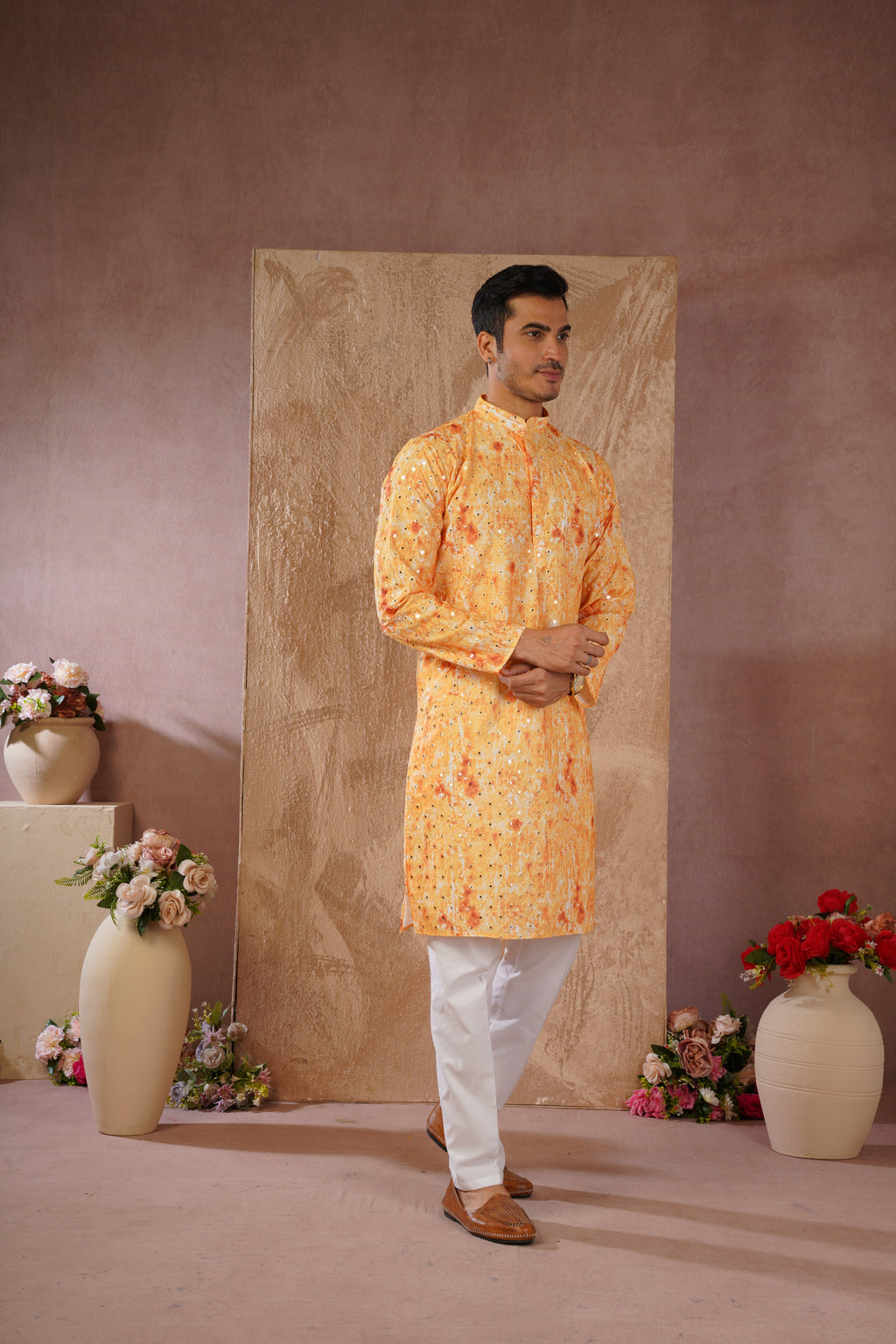 Classic Yellow tie-dye kurta set with sequin glow
