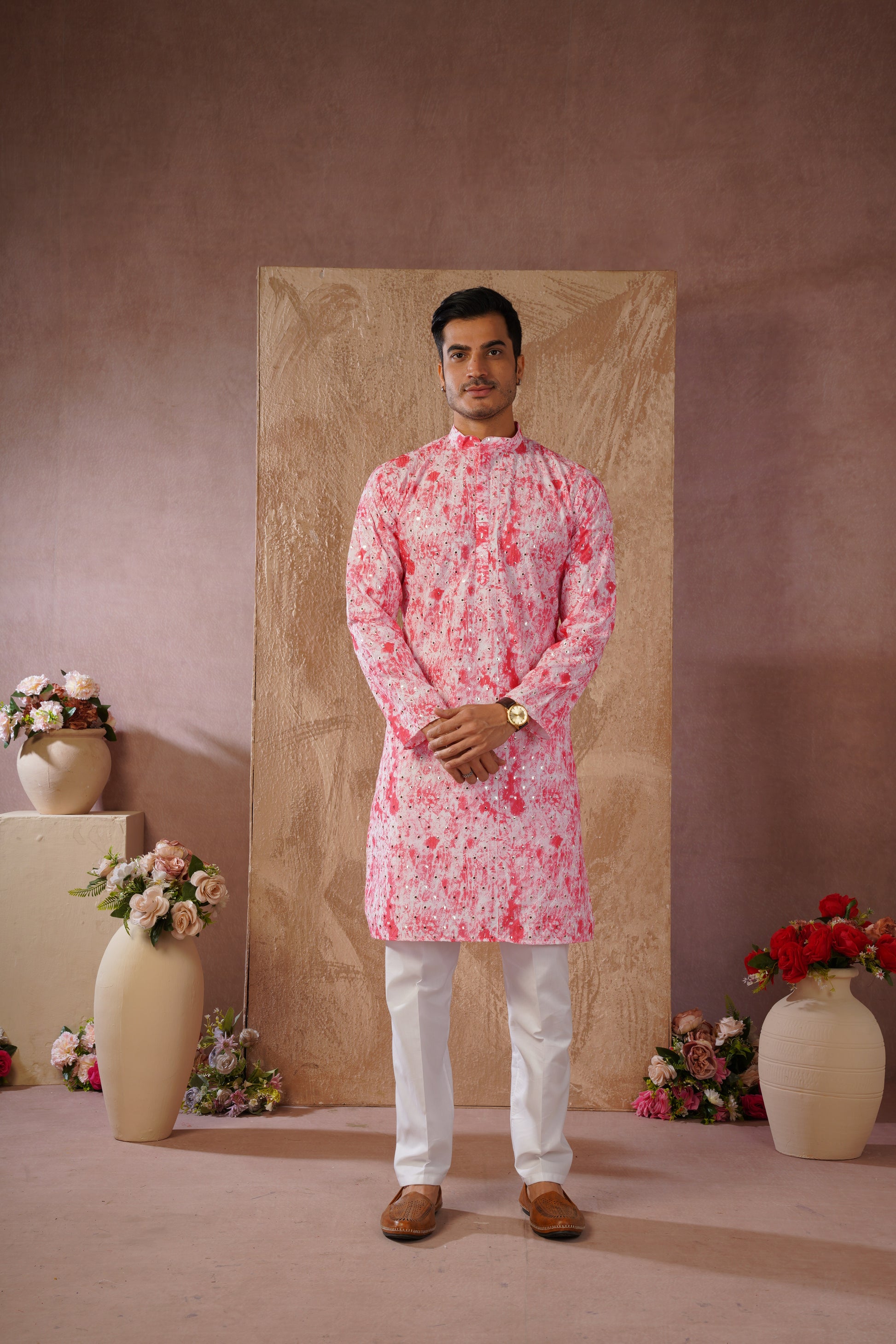 Classic Pink tie-dye kurta set with sequin glow