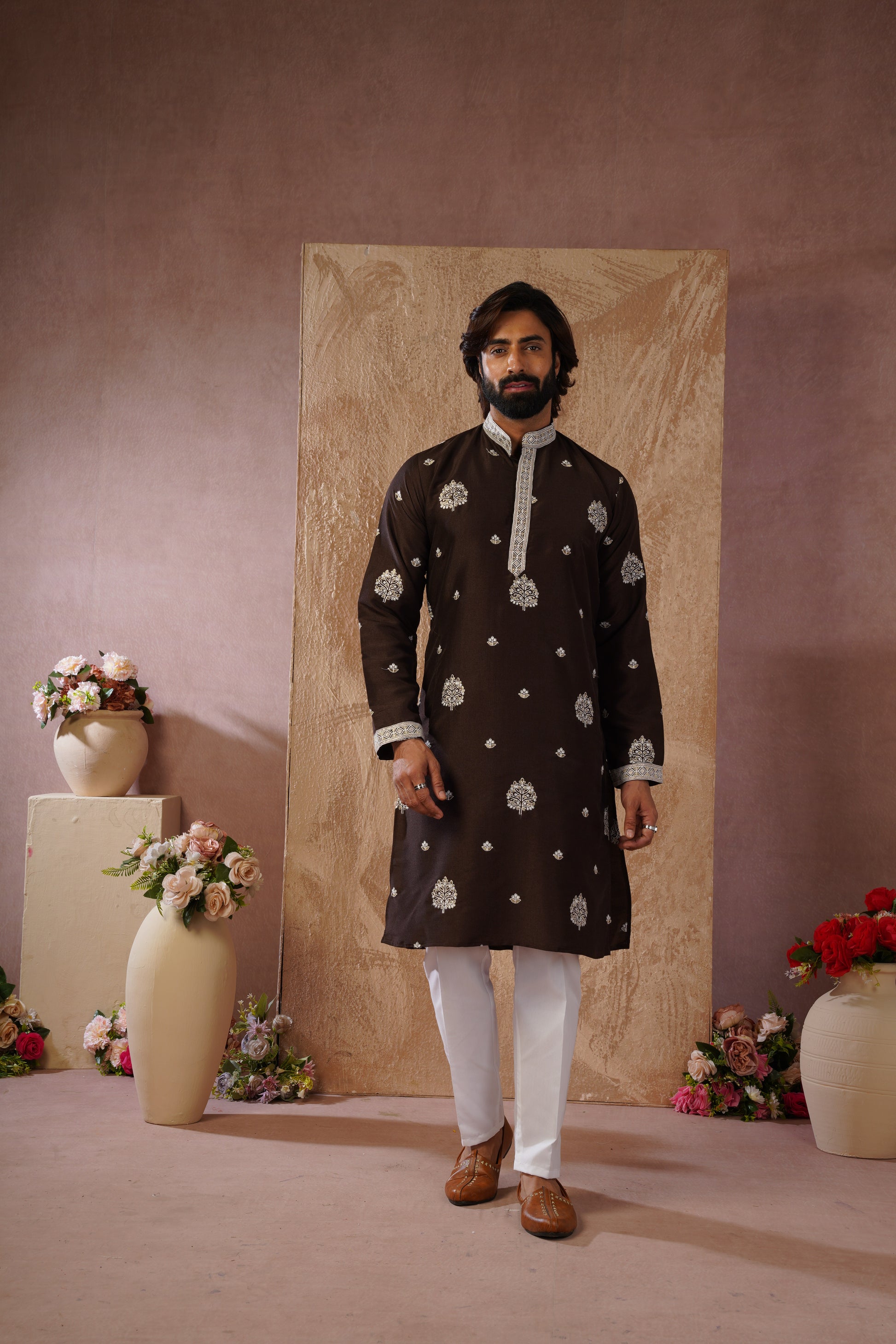 Majestic chocolate Orchid Embroidered Kurta set