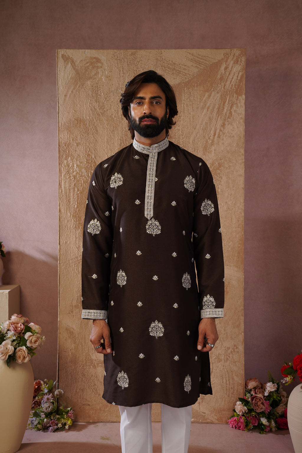 Majestic chocolate Orchid Embroidered Kurta set