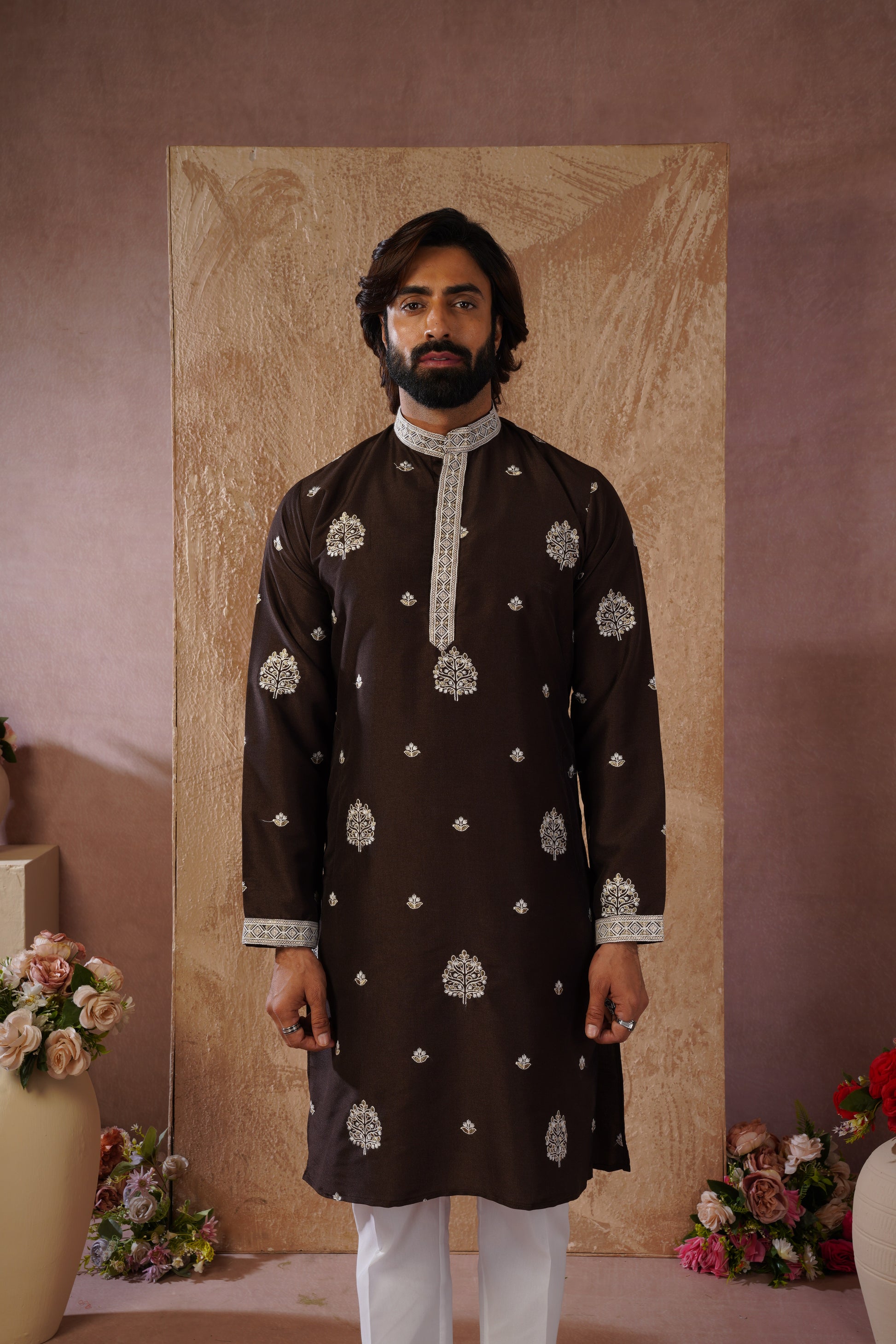 Majestic chocolate Orchid Embroidered Kurta set