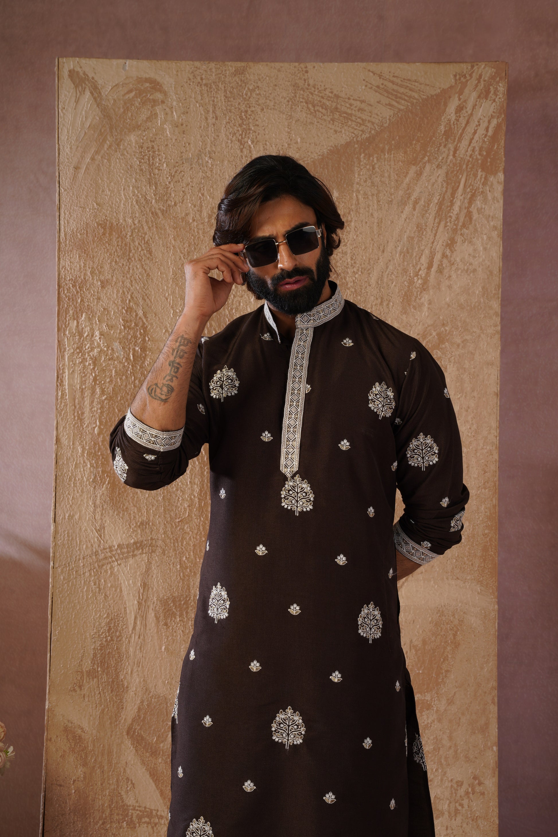 Majestic chocolate Orchid Embroidered Kurta set