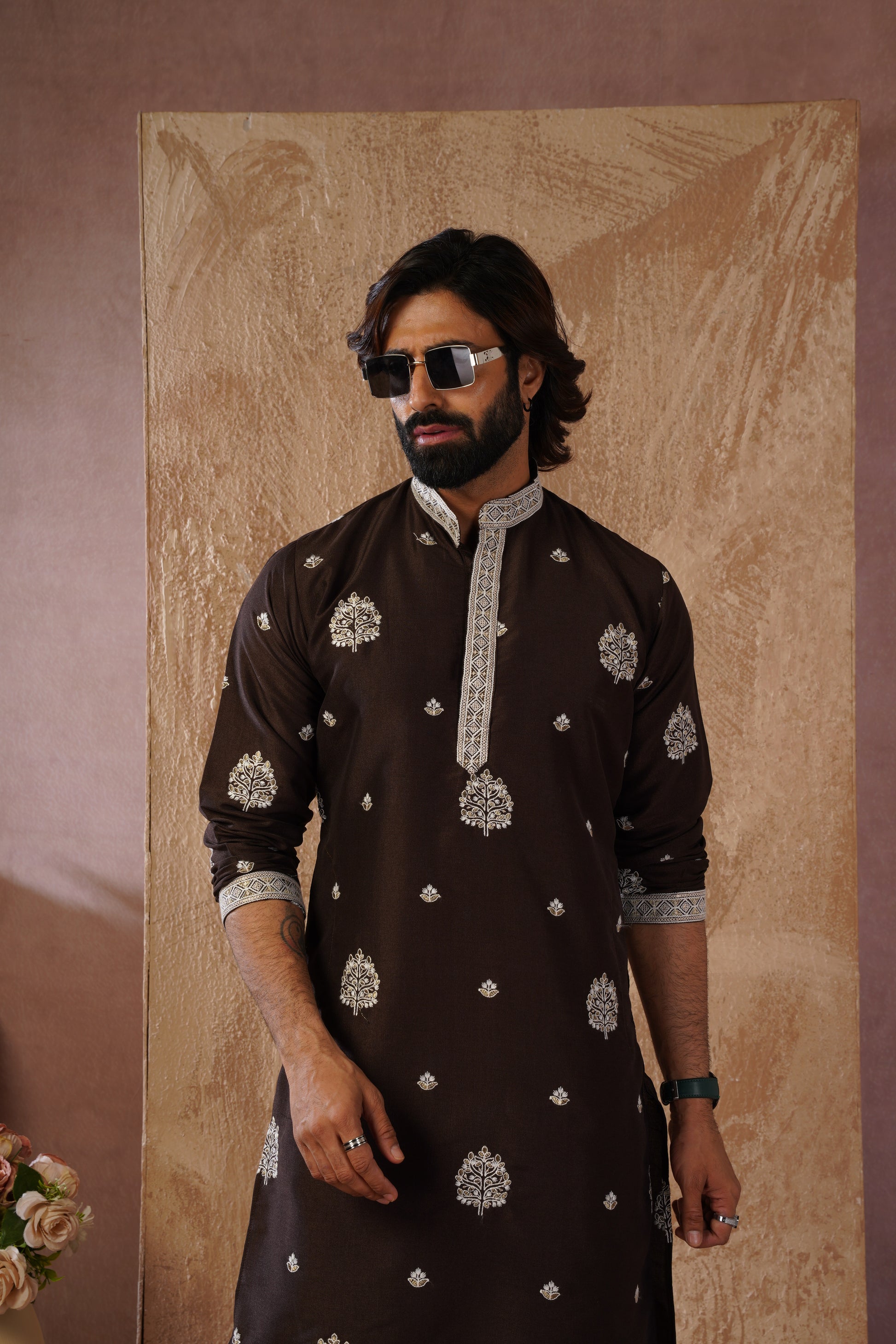 Majestic chocolate Orchid Embroidered Kurta set