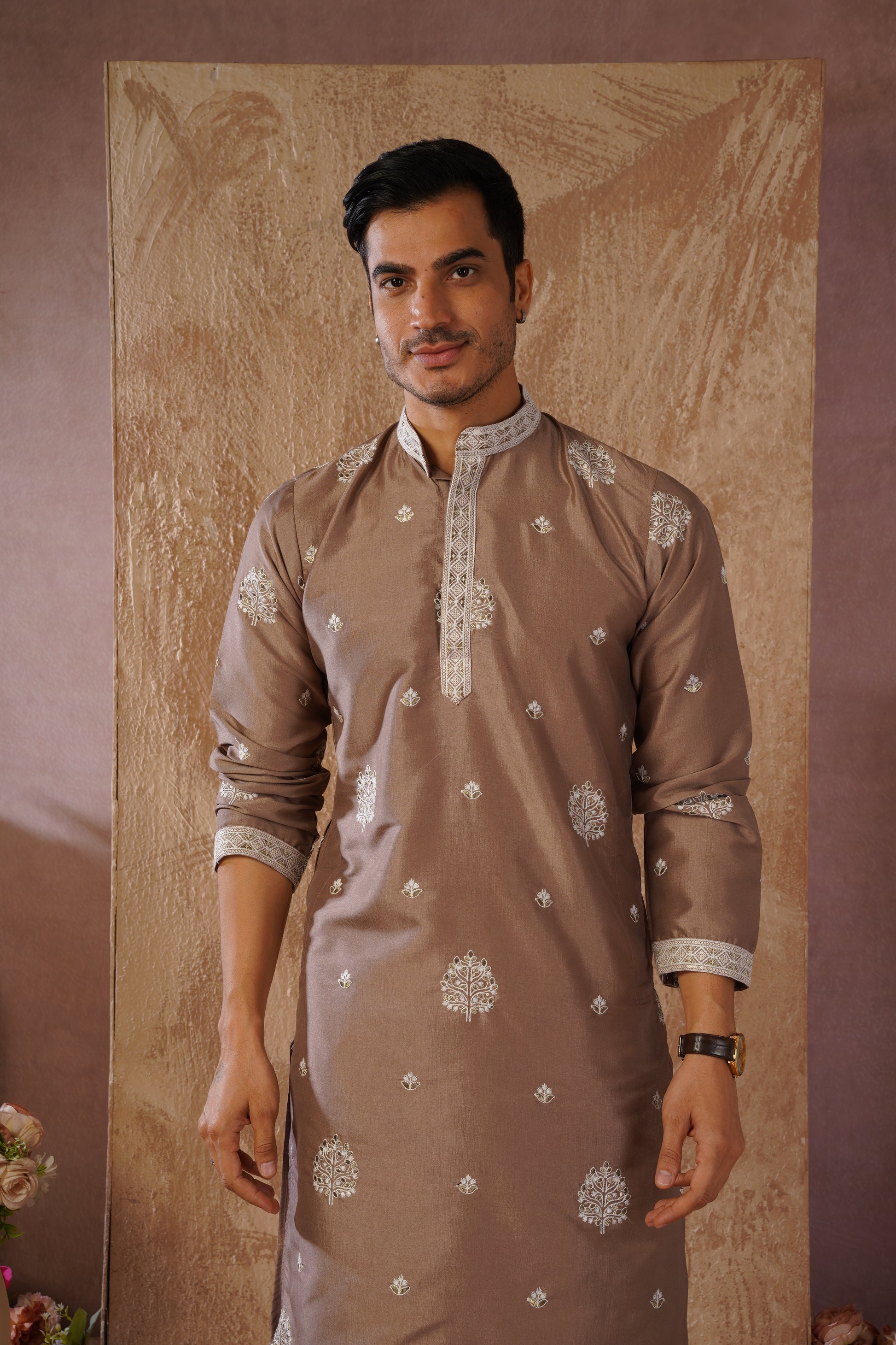 Majestic Brown Orchid Embroidered Kurta set