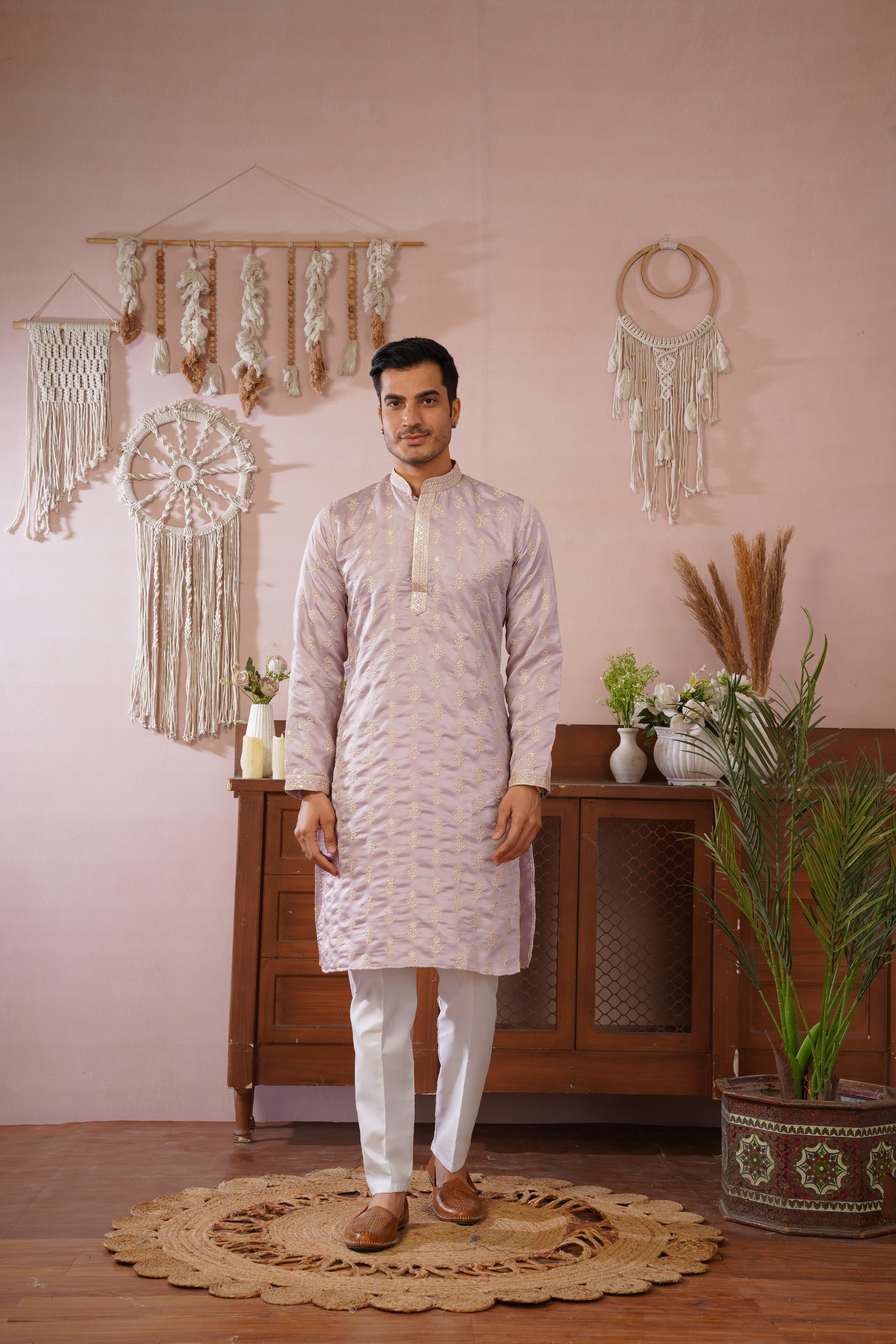 Lavendar Sequin-Embroidered Kurta set with gold detailing