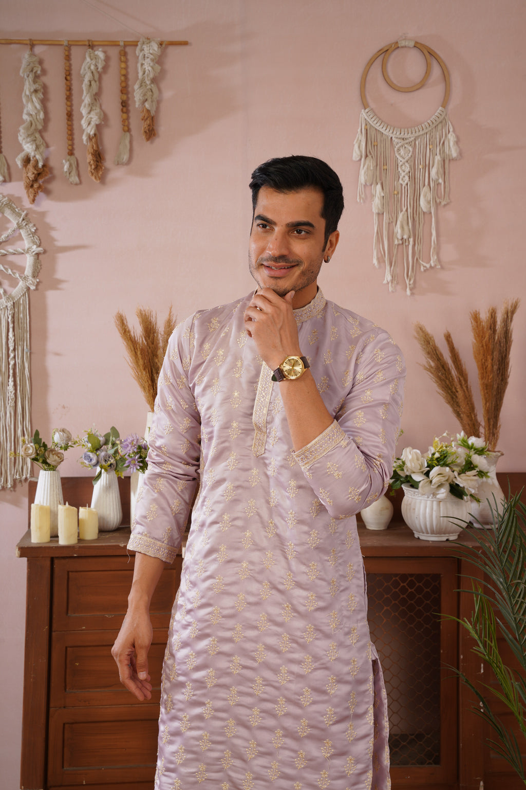 Lavendar Sequin-Embroidered Kurta set with gold detailing