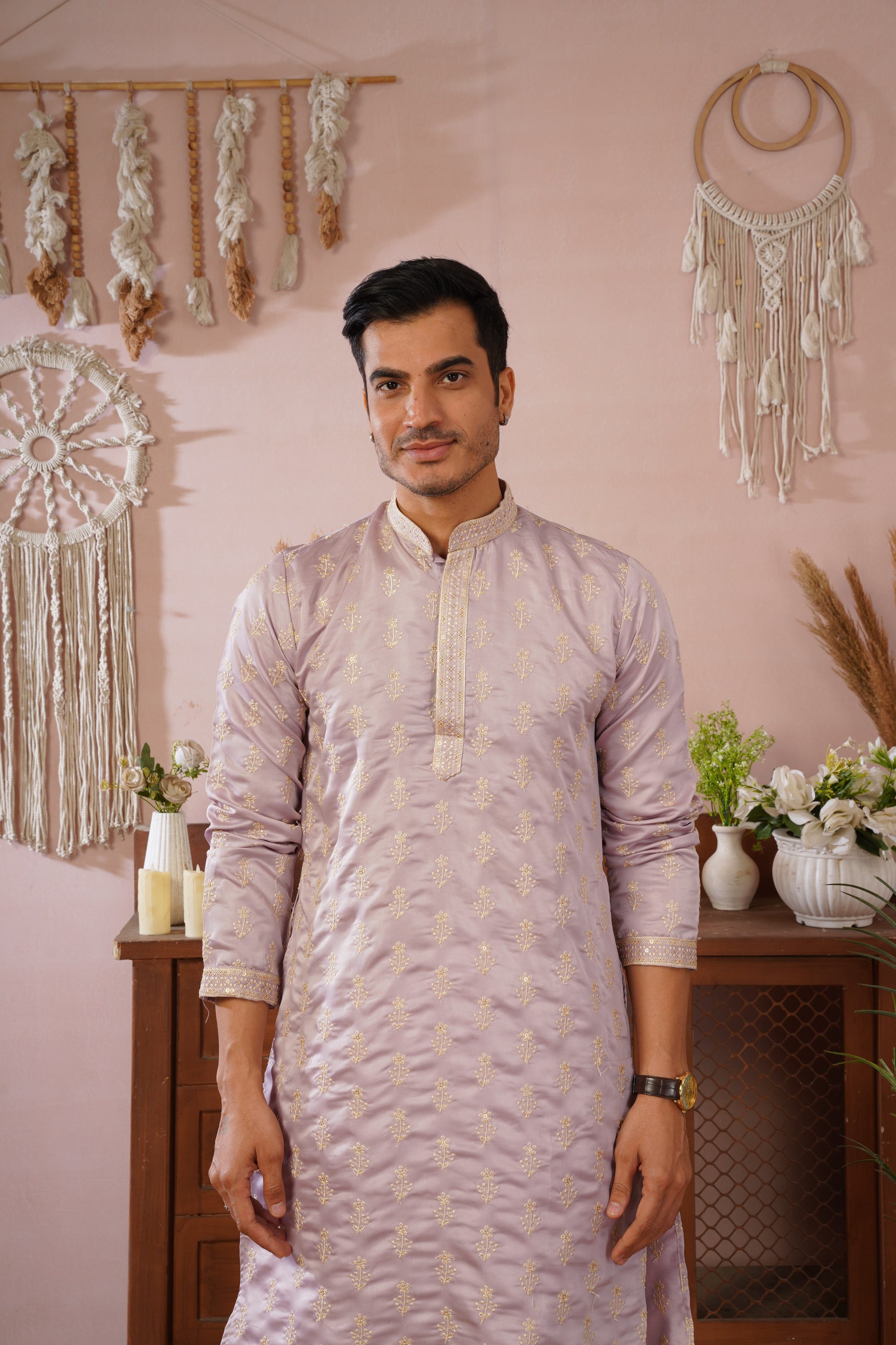 Lavendar Sequin-Embroidered Kurta set with gold detailing