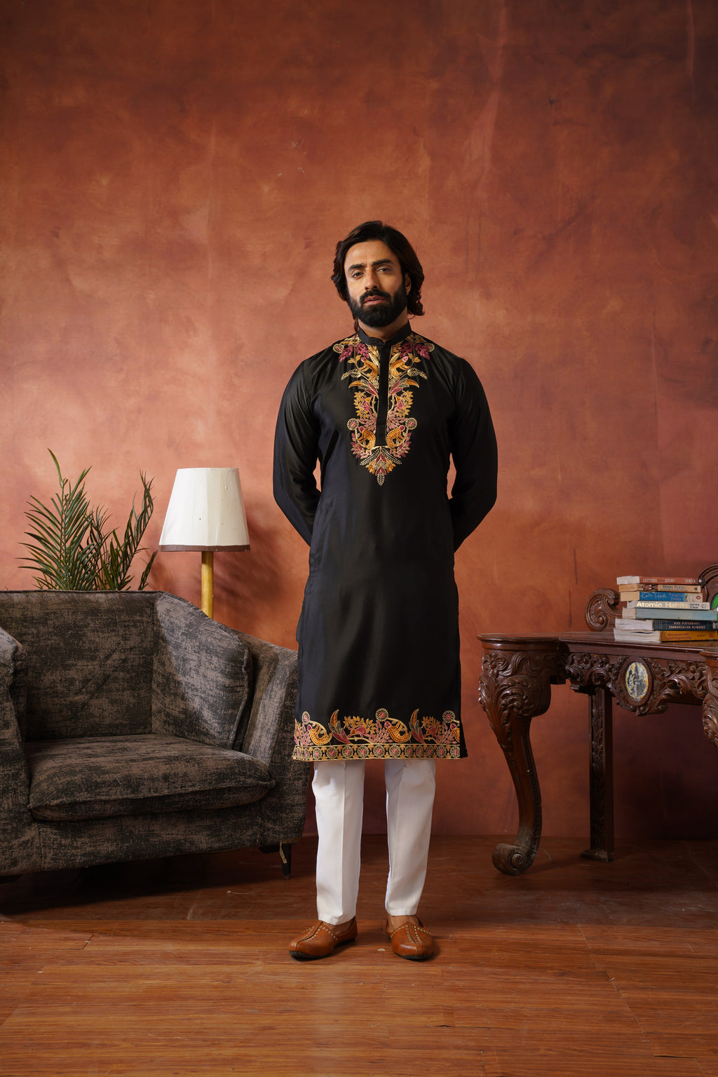 Rajdarbar Black Embroidered Neckwork Mens Kurta