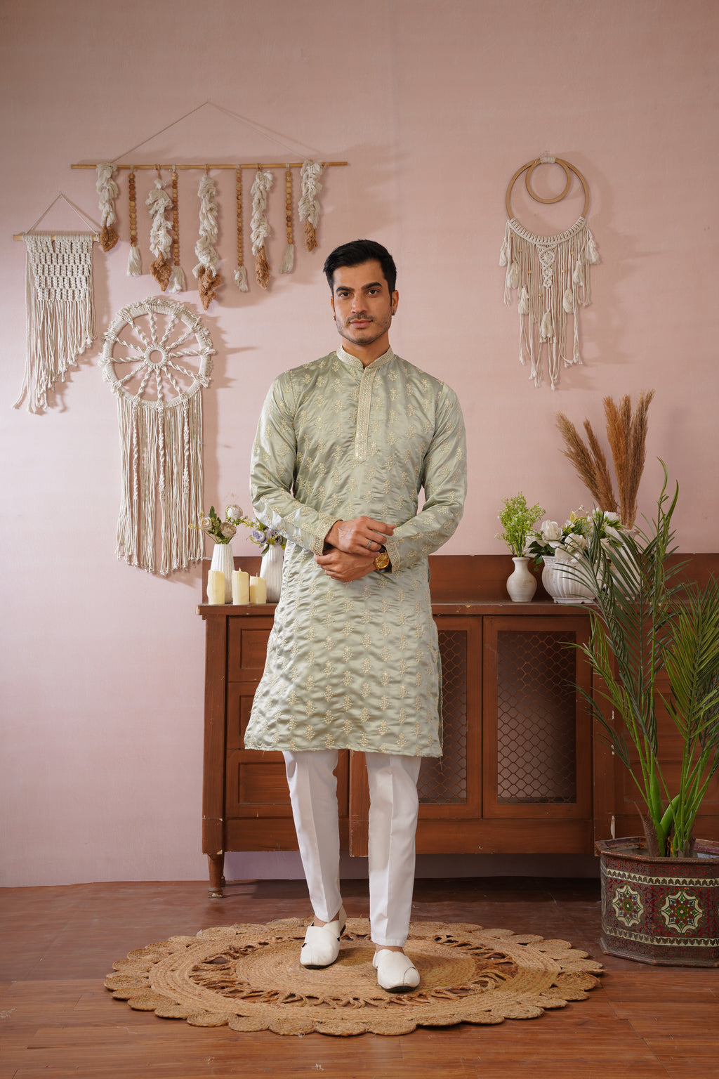 Pista Green Sequin-Embroidered Kurta set with gold detailing