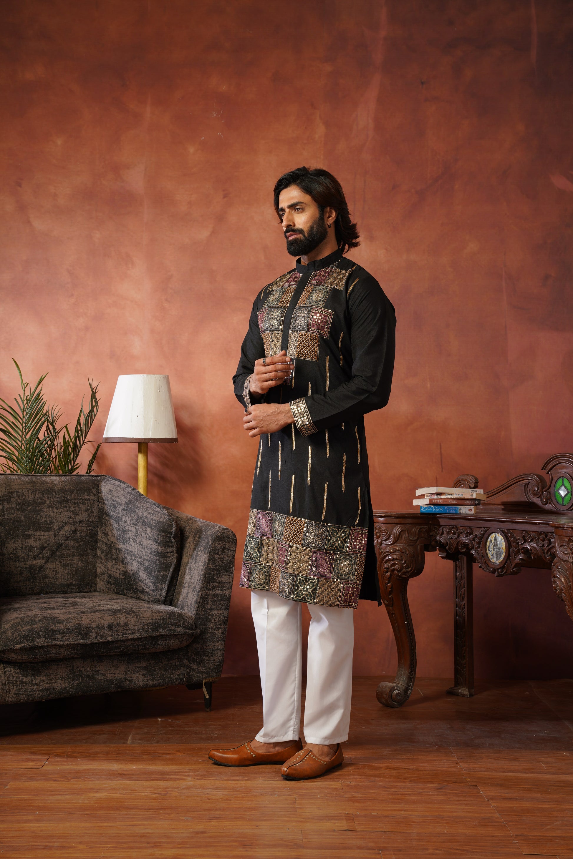 Black Heritage Patchwork & Gold Embellished Kurta Set for Men