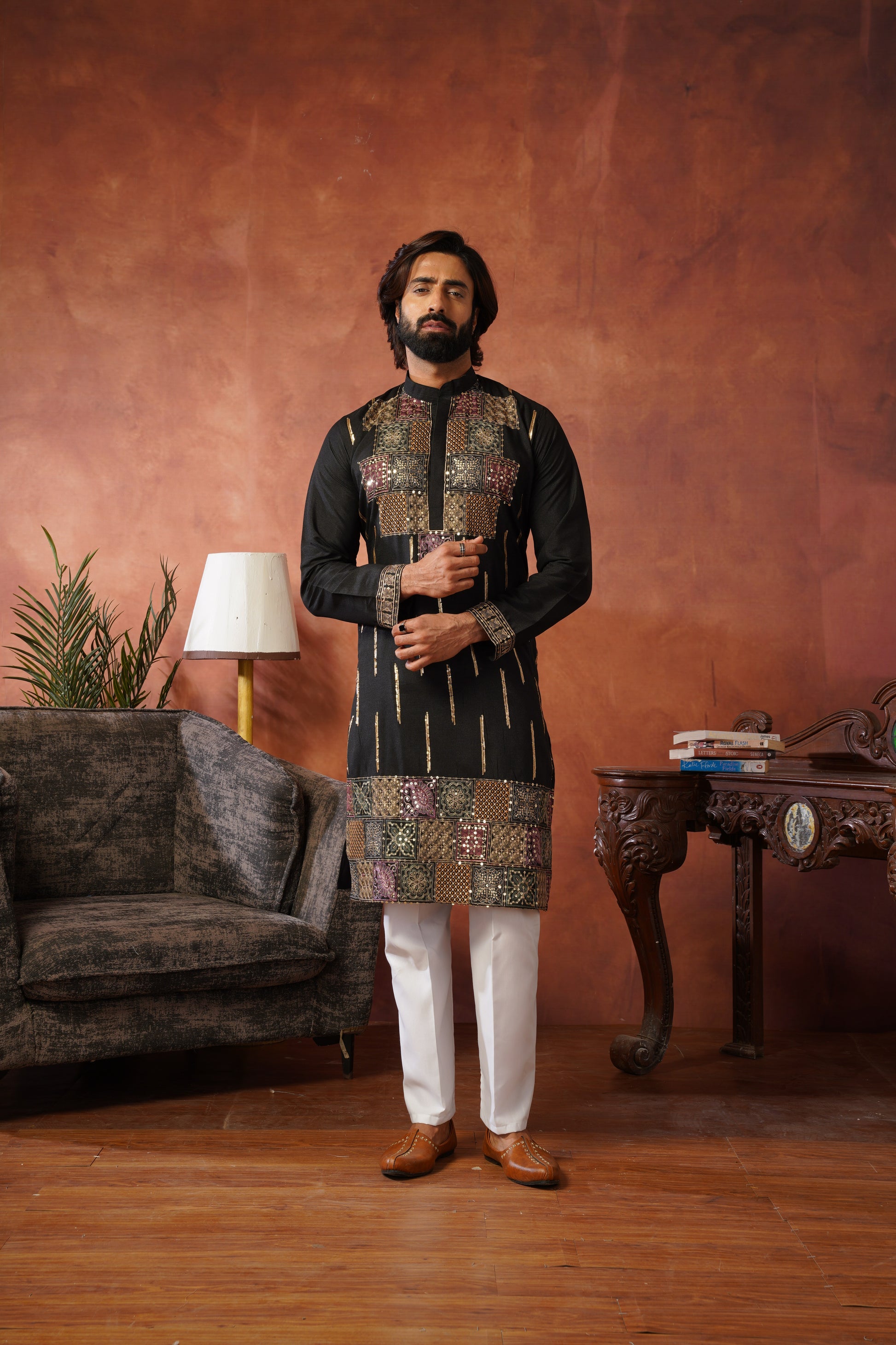 Black Heritage Patchwork & Gold Embellished Kurta Set for Men