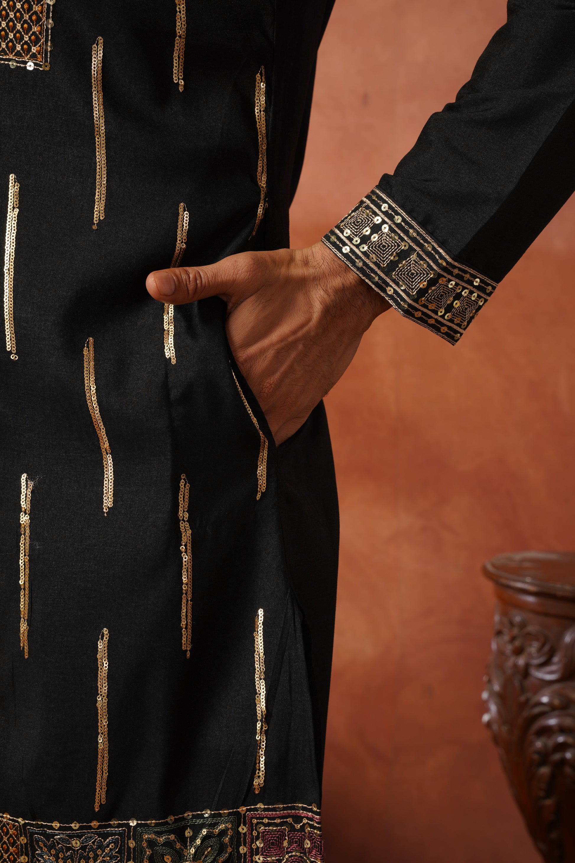 Black Heritage Patchwork & Gold Embellished Kurta Set for Men