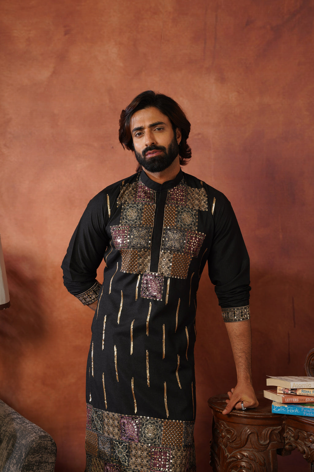 Black Heritage Patchwork & Gold Embellished Kurta Set for Men