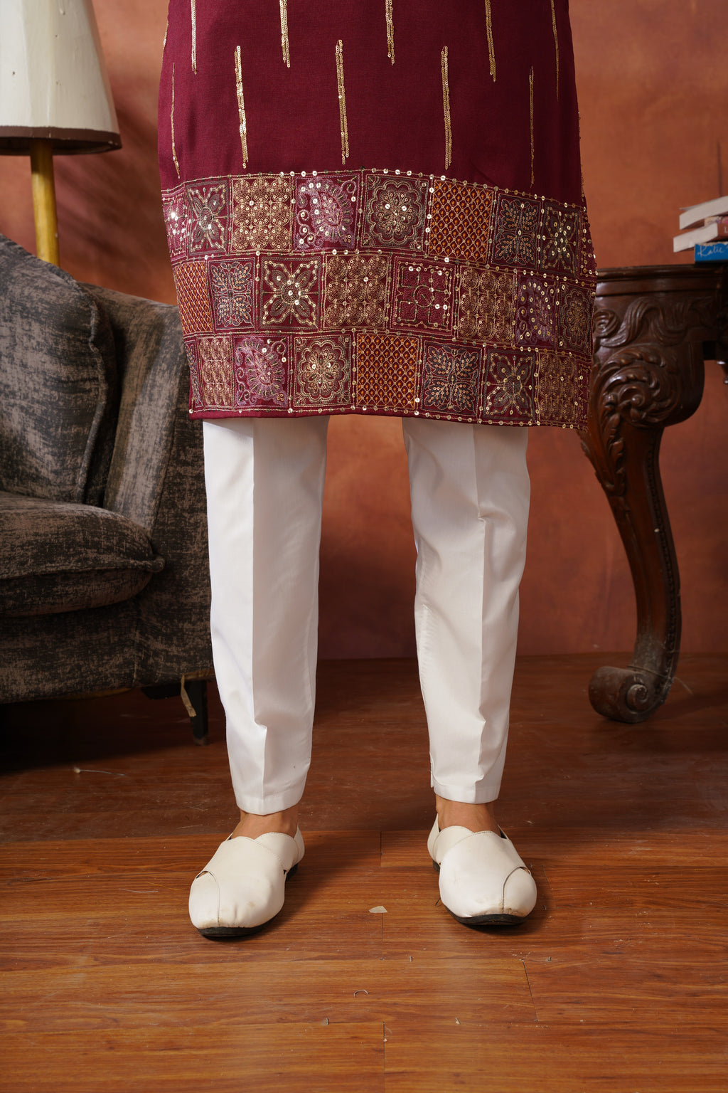 Maroon Heritage Patchwork & Gold Embellished Kurta Set for Men