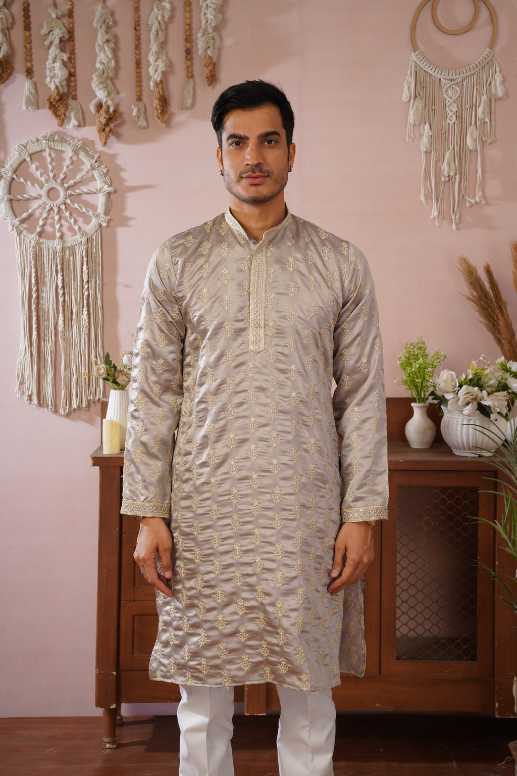 Grey Sequin-Embroidered Kurta set with gold detailing