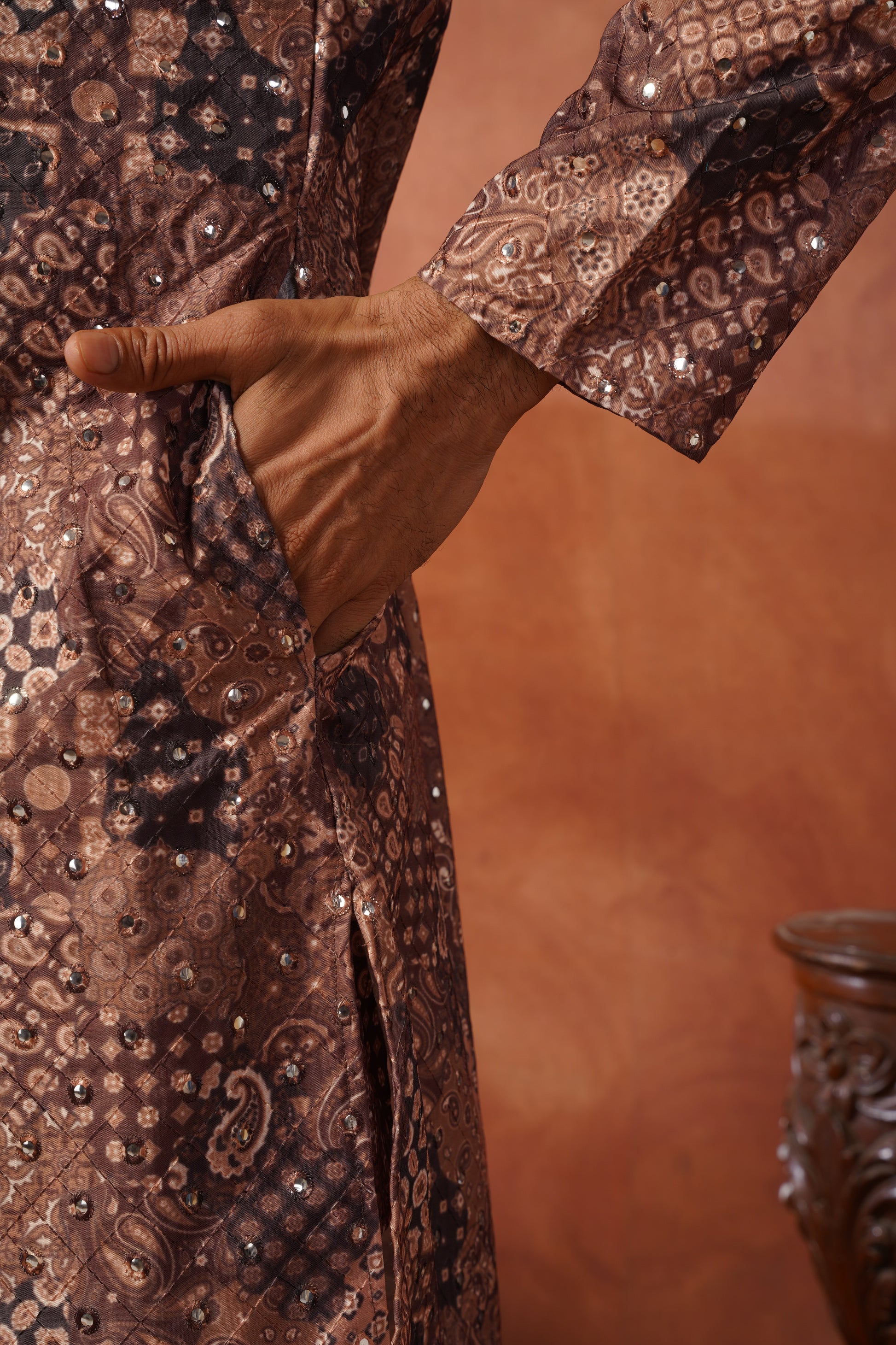 Royal Mirror Detailing All-Over Printed Brown Kurta Set