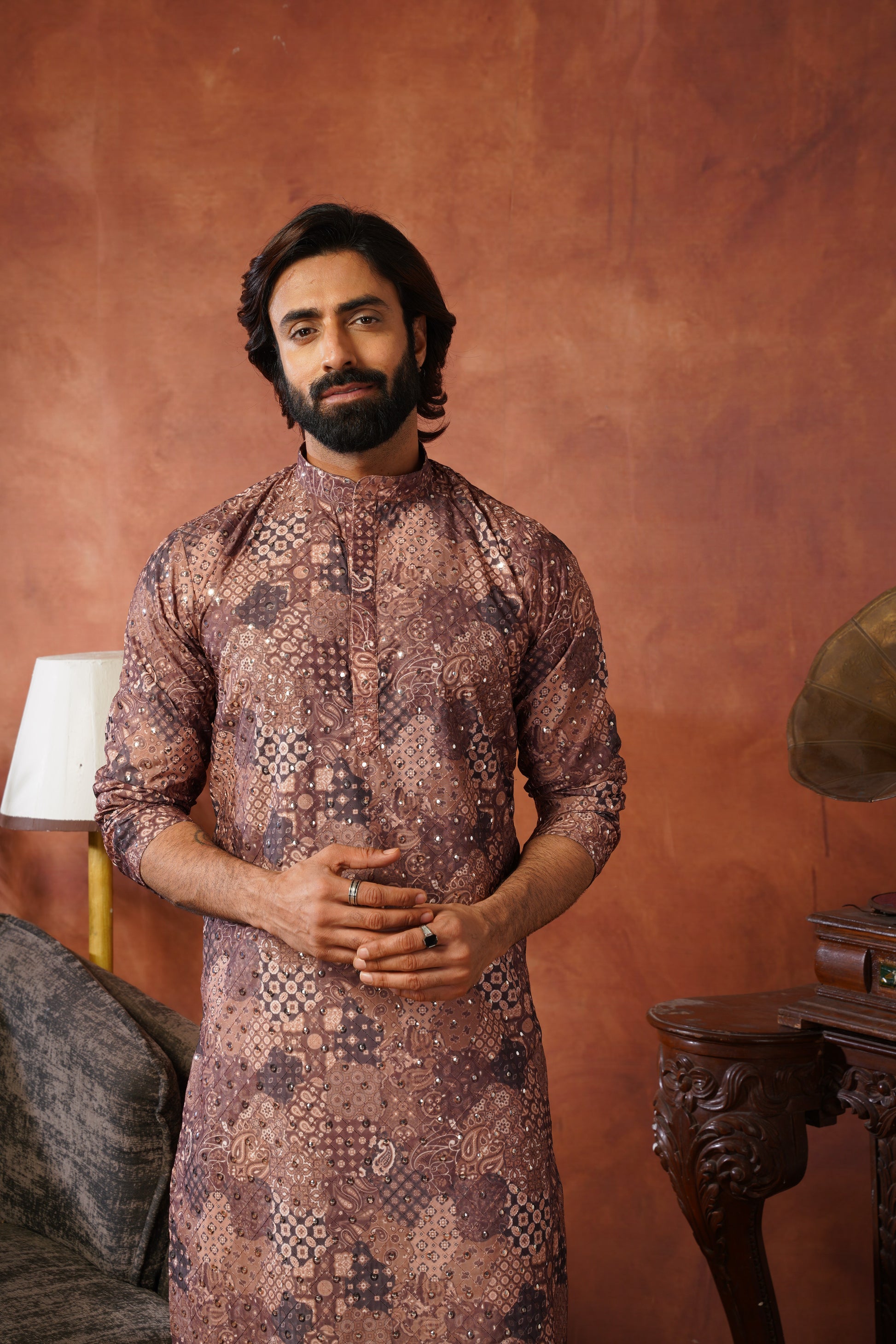Royal Mirror Detailing All-Over Printed Brown Kurta Set