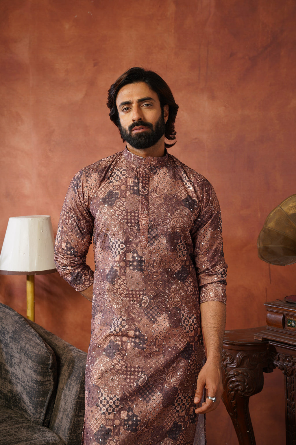 Royal Mirror Detailing All-Over Printed Brown Kurta Set