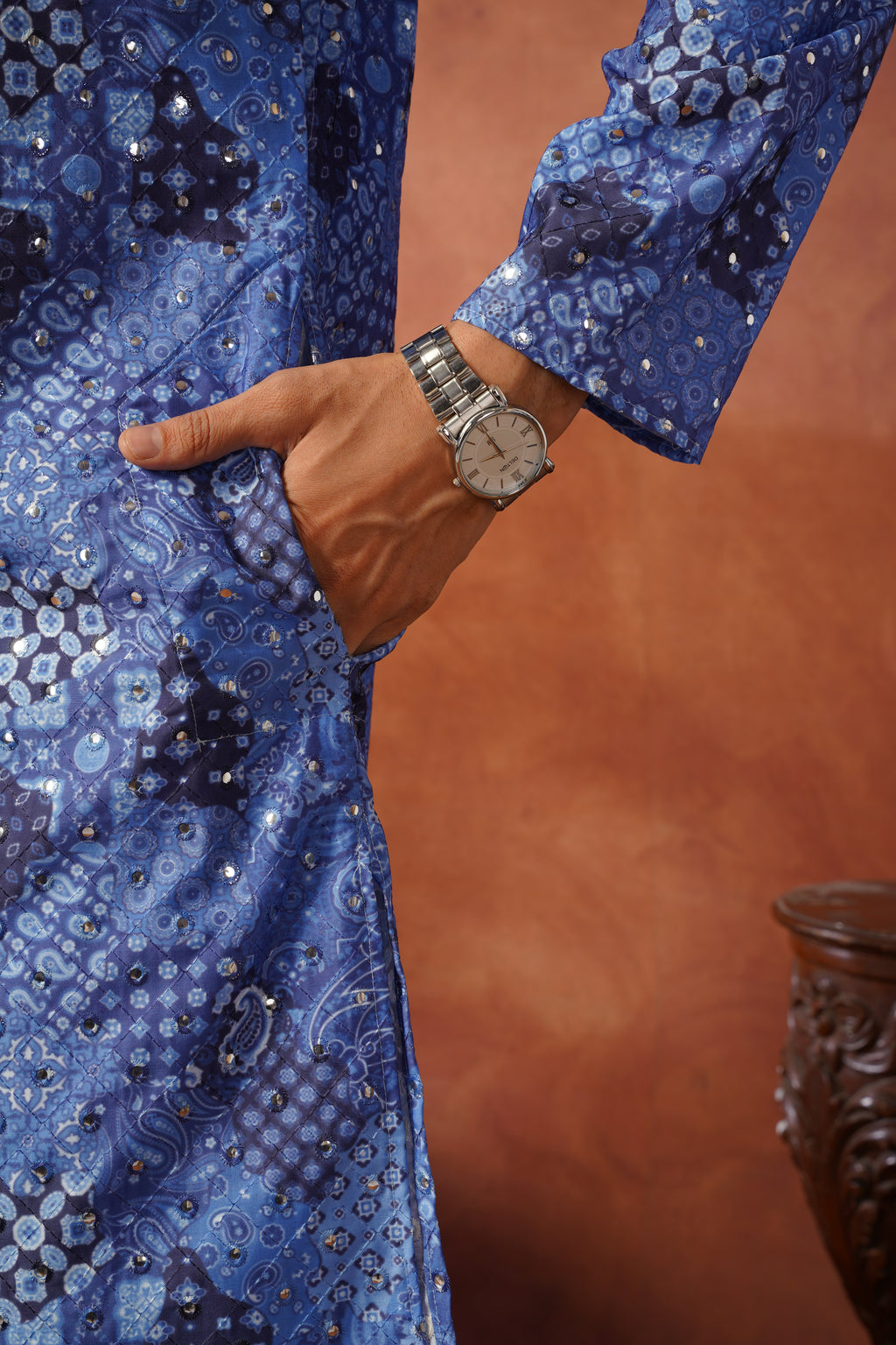 Royal Mirror Detailing All-Over Printed Blue Kurta Set