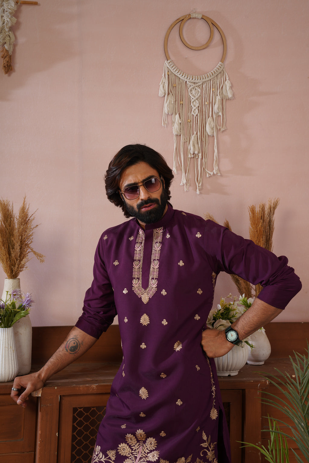 Regal Haathi Darbar Embroidered Plum Kurta Set